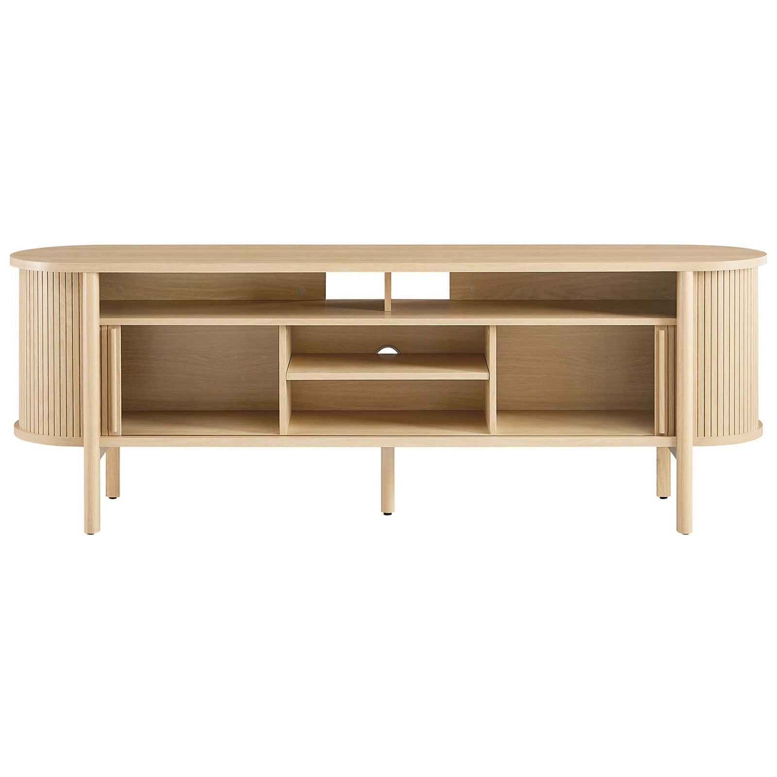 Oak Cadence TV cabinet with both sliding doors open to showcase full interior shelving. || EEI-6310-OAK || front_open_studio