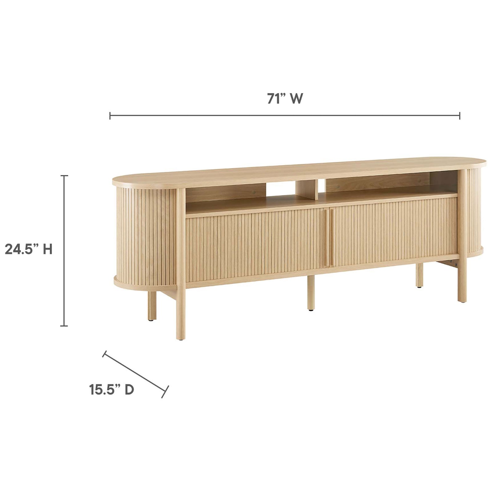 Cadence oak TV stand sized for large televisions with generous width, height, and depth proportions. || EEI-6310-OAK || dimension_studio