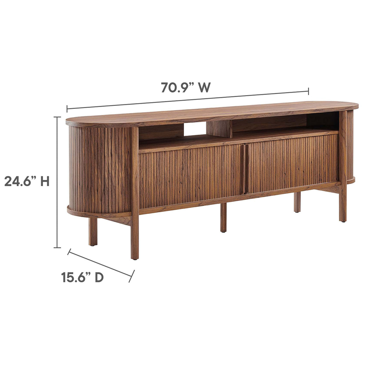 Cadence walnut TV stand with spacious footprint sized to support large screens and accessories. || EEI-6310-WAL || dimension_studio