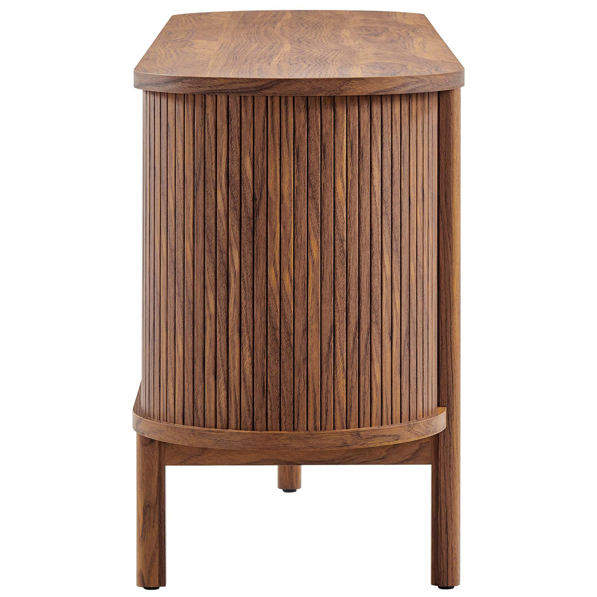 Slim side of the Cadence walnut TV stand with rounded corner and vertical slatted detail. || EEI-6310-WAL || side_studio