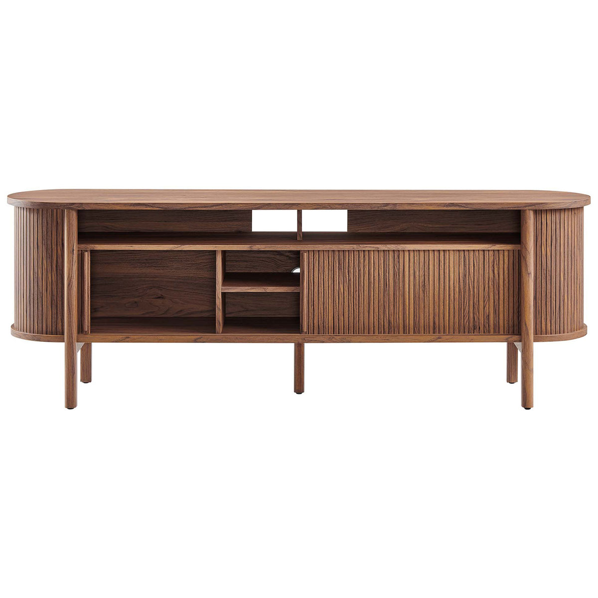 Walnut TV stand displaying one sliding door open with roomy compartments for media components. || EEI-6310-WAL || front_open_studio