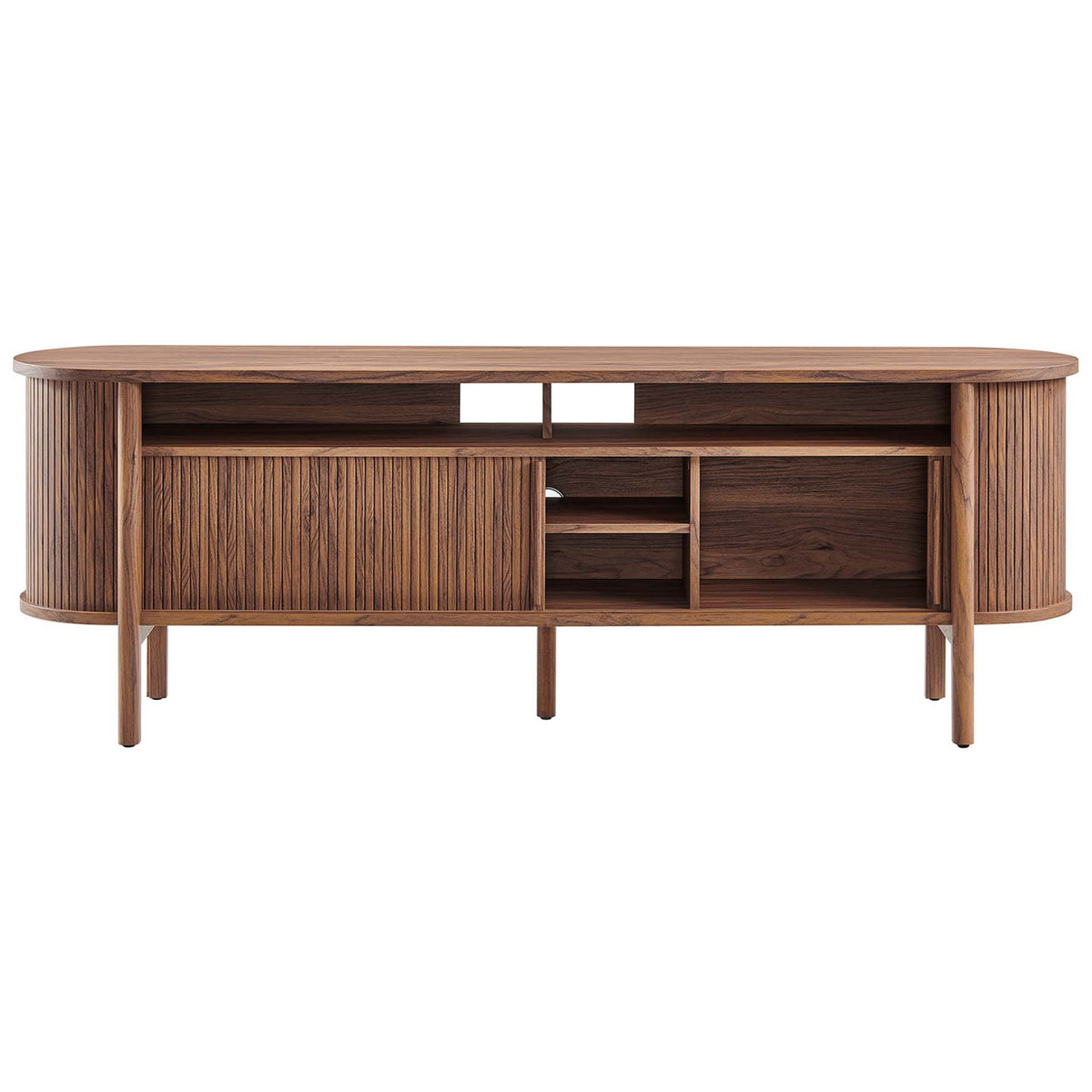 Walnut Cadence TV cabinet with alternate door position open to show flexible storage layout. || EEI-6310-WAL || front_open_studio