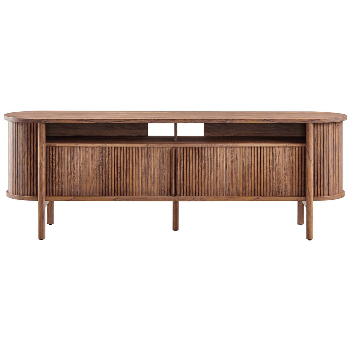 Cadence walnut TV stand with rounded silhouette, fluted sliding doors, and open upper shelf. || EEI-6310-WAL || front_studio