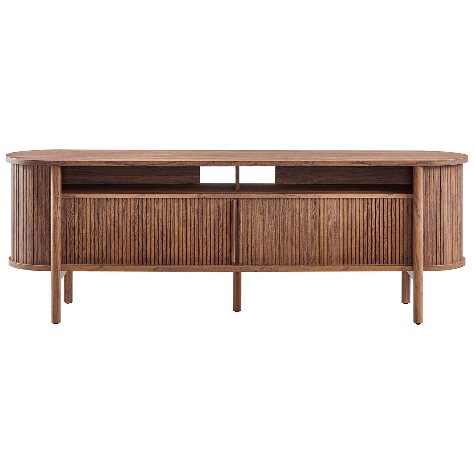 Cadence walnut TV stand with rounded silhouette, fluted sliding doors, and open upper shelf. || EEI-6310-WAL || front_studio