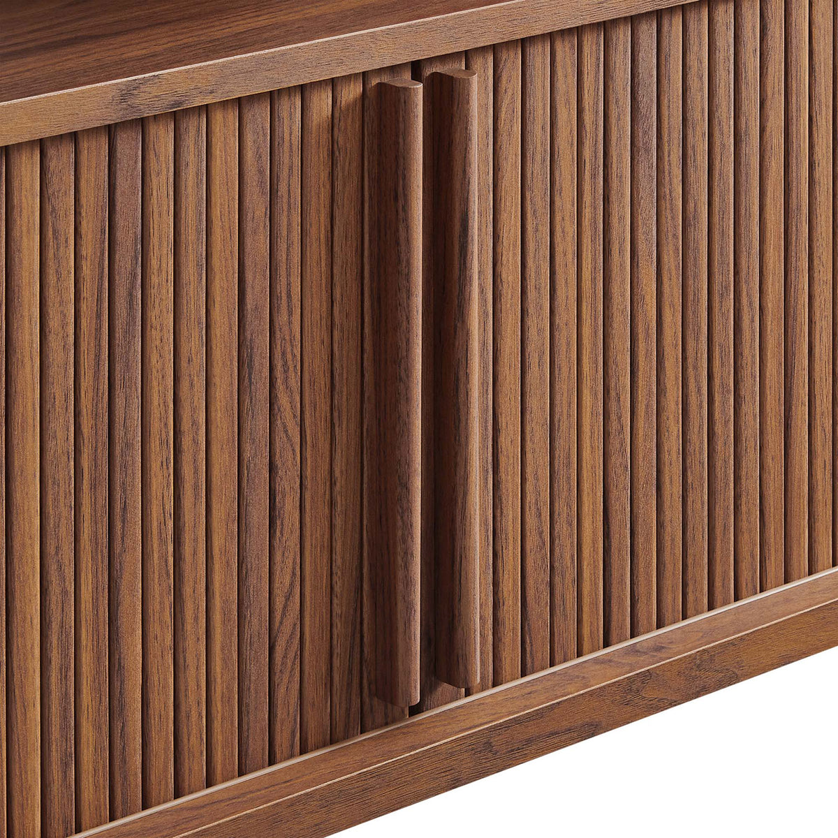 Walnut fluted doors with integrated vertical pulls for easy access on the Cadence TV stand. || EEI-6310-WAL || handle_studio