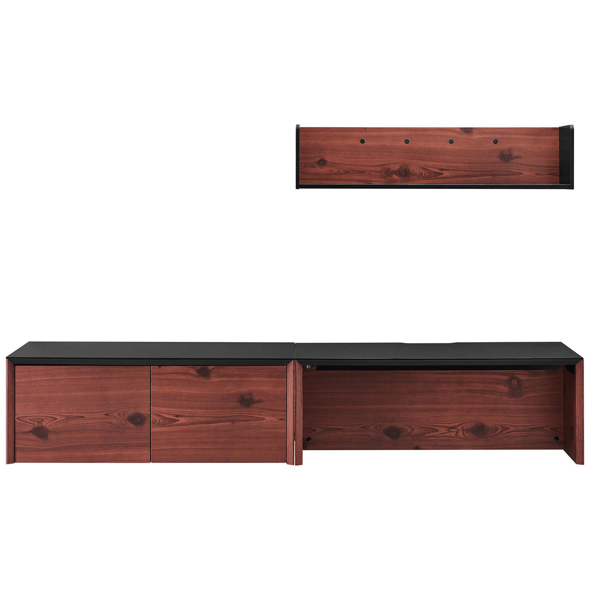 Floating desk, cabinet, and shelf in black cherry wood grain with a sleek black top || EEI-6311-BLK-CHE || front_studio