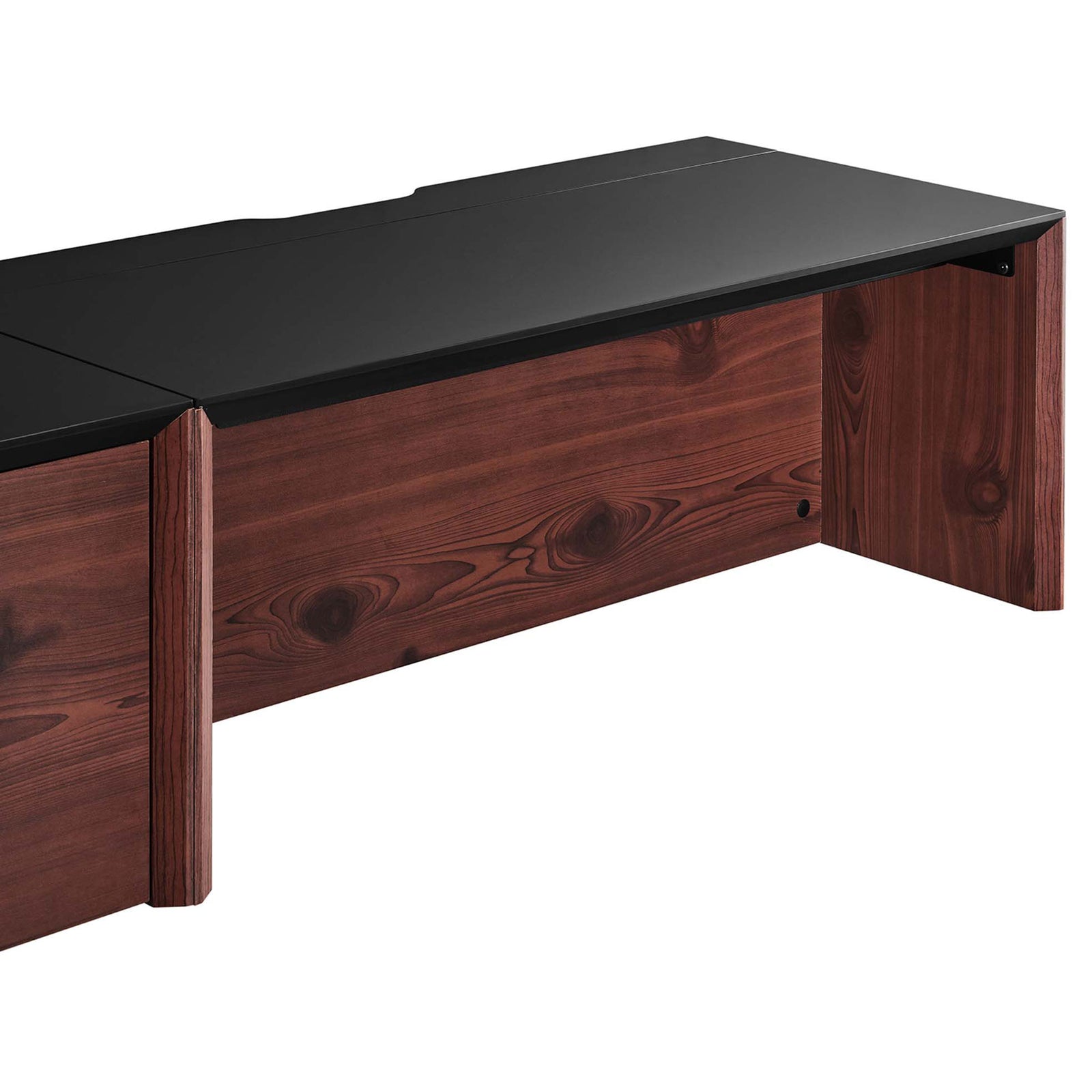 Smooth black top and rich wood grain on the wall-mounted desk base || EEI-6311-BLK-CHE || detail_studio