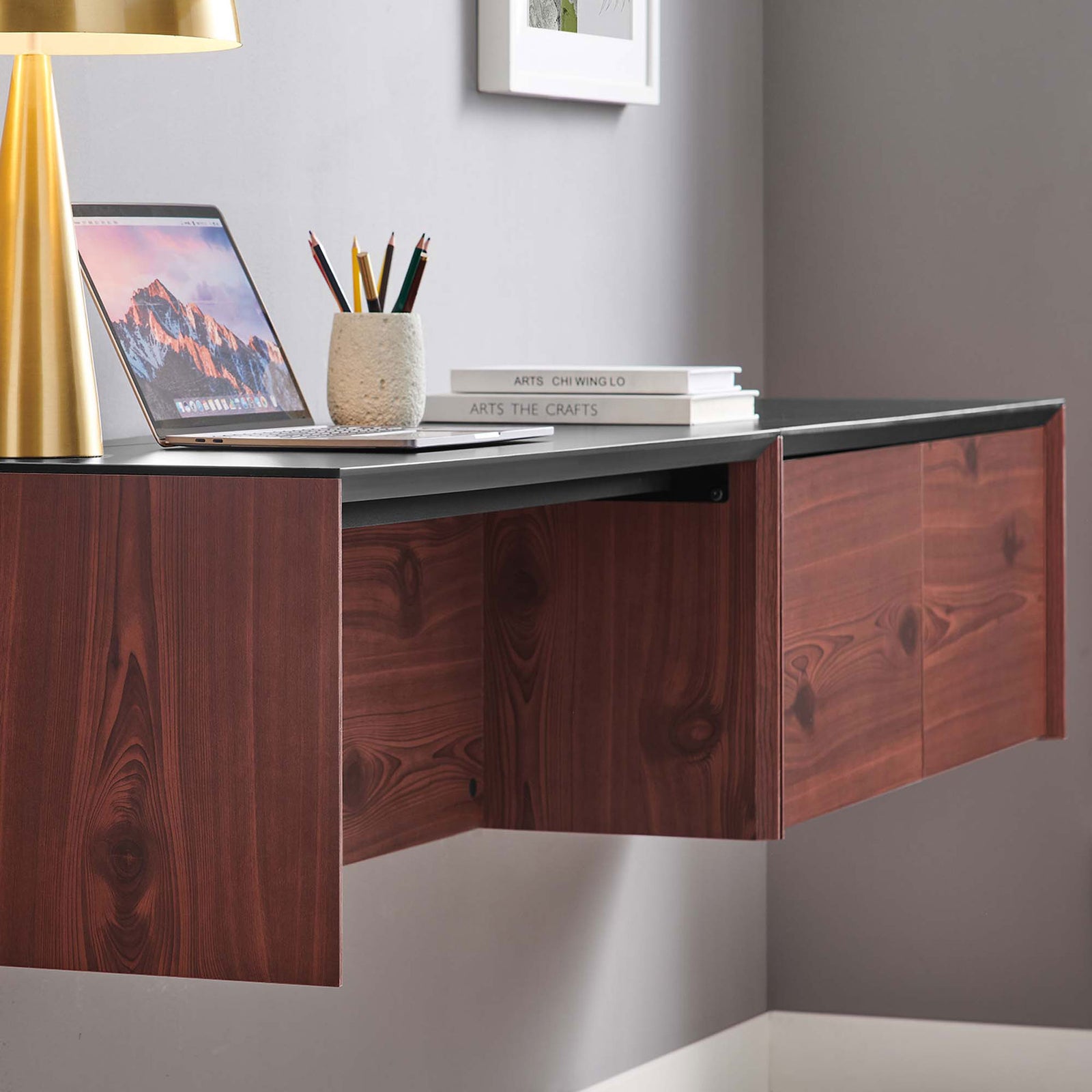 Floating workspace with a black top contrasts beautifully with warm wood tones || EEI-6311-BLK-CHE || detail_room
