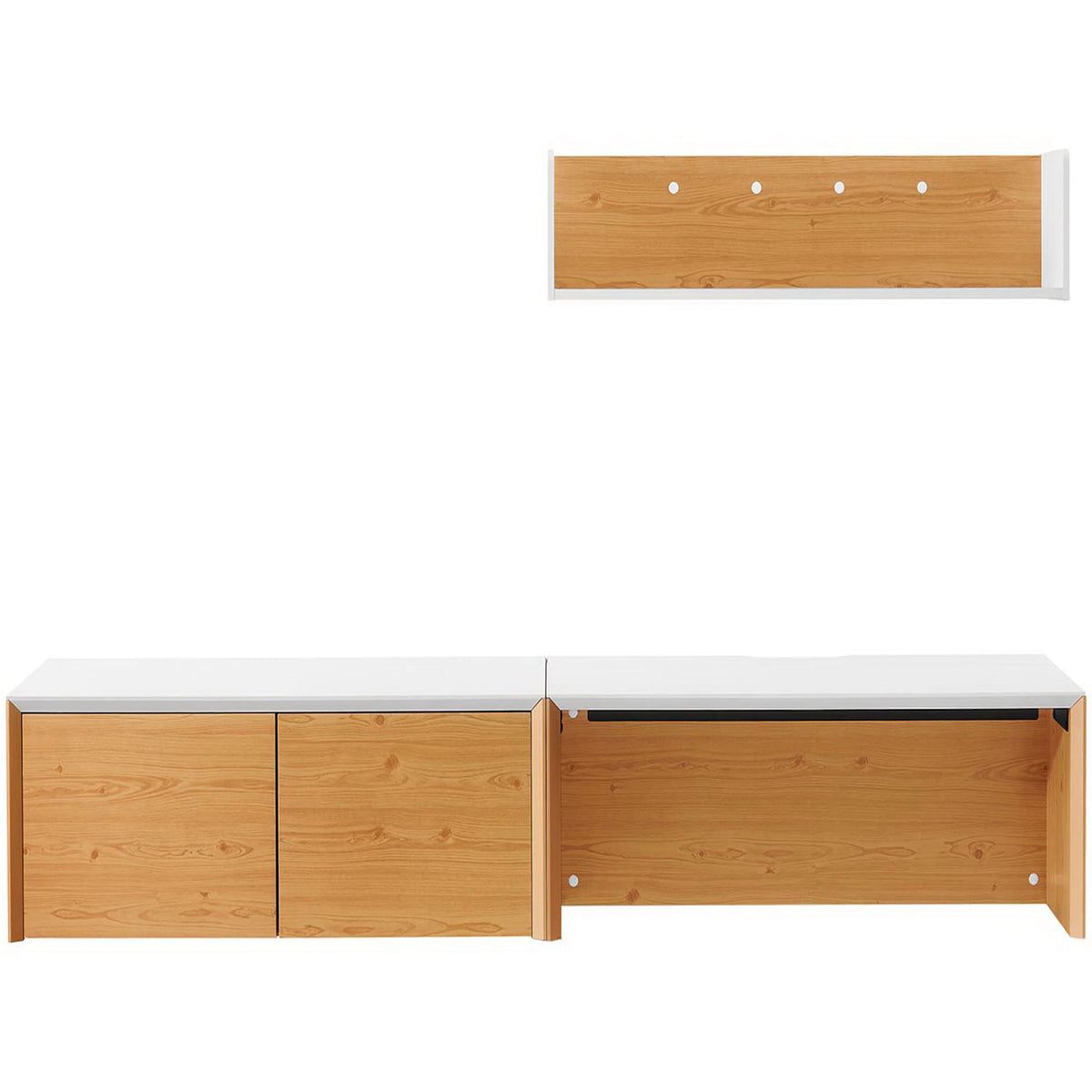 Wall-mounted desk, cabinet, and shelf set in white and natural wood grain for compact, modern workspaces || EEI-6311-WHI-NAT || front_studio