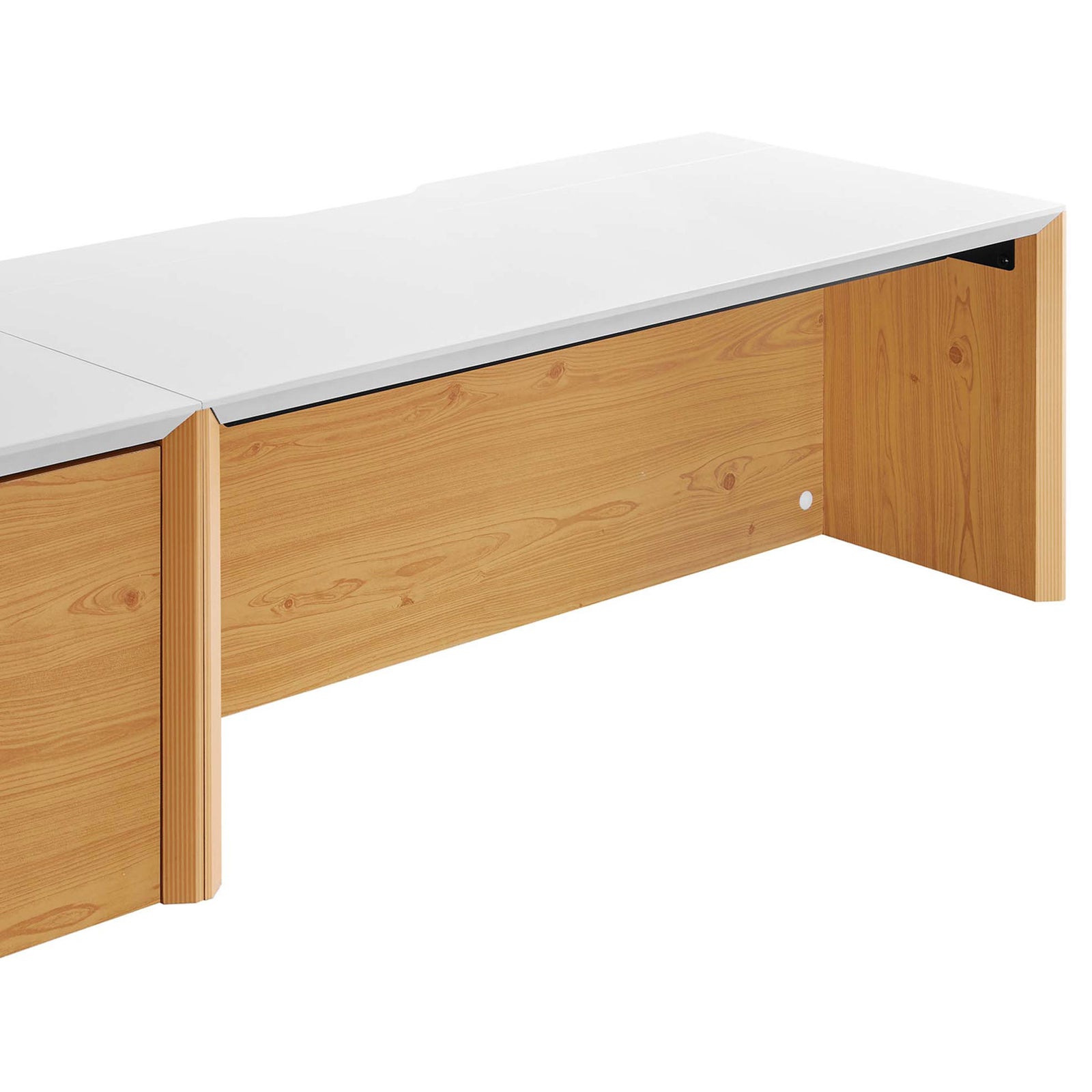 Smooth white worktop and natural wood base highlight clean lines and durable melamine construction || EEI-6311-WHI-NAT || detail_studio