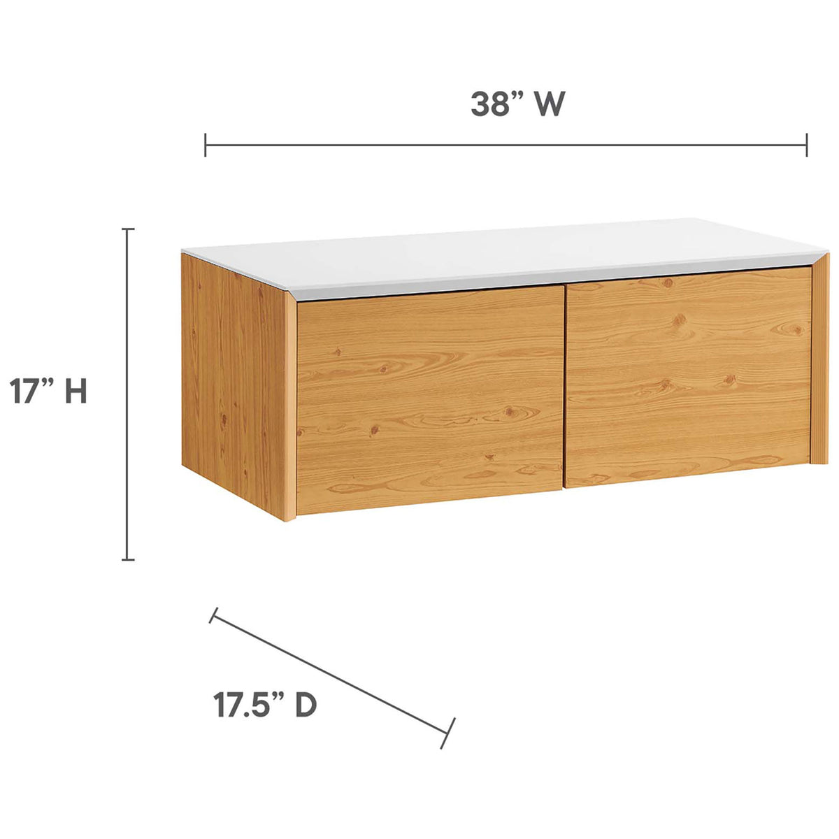 Two-door wall cabinet with white top and natural wood grain, shown 38 inches wide and 17.5 inches deep || EEI-6311-WHI-NAT || dimension_studio