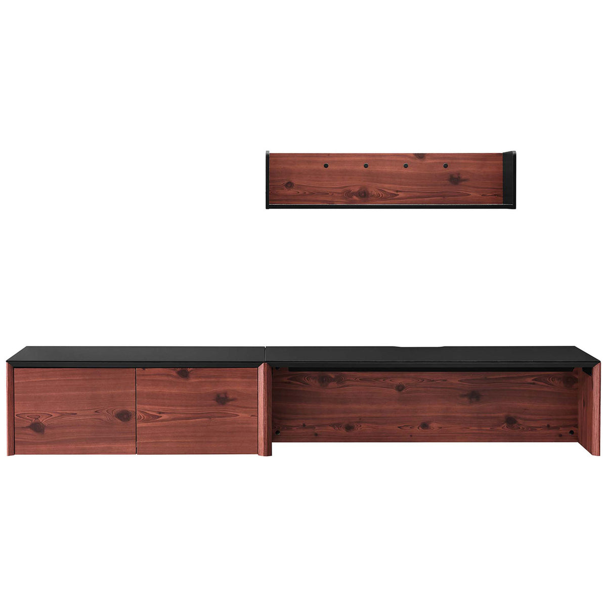 Extended floating desk, cabinet, and shelf in black cherry with a smooth black surface || EEI-6312-BLK-CHE || front_studio