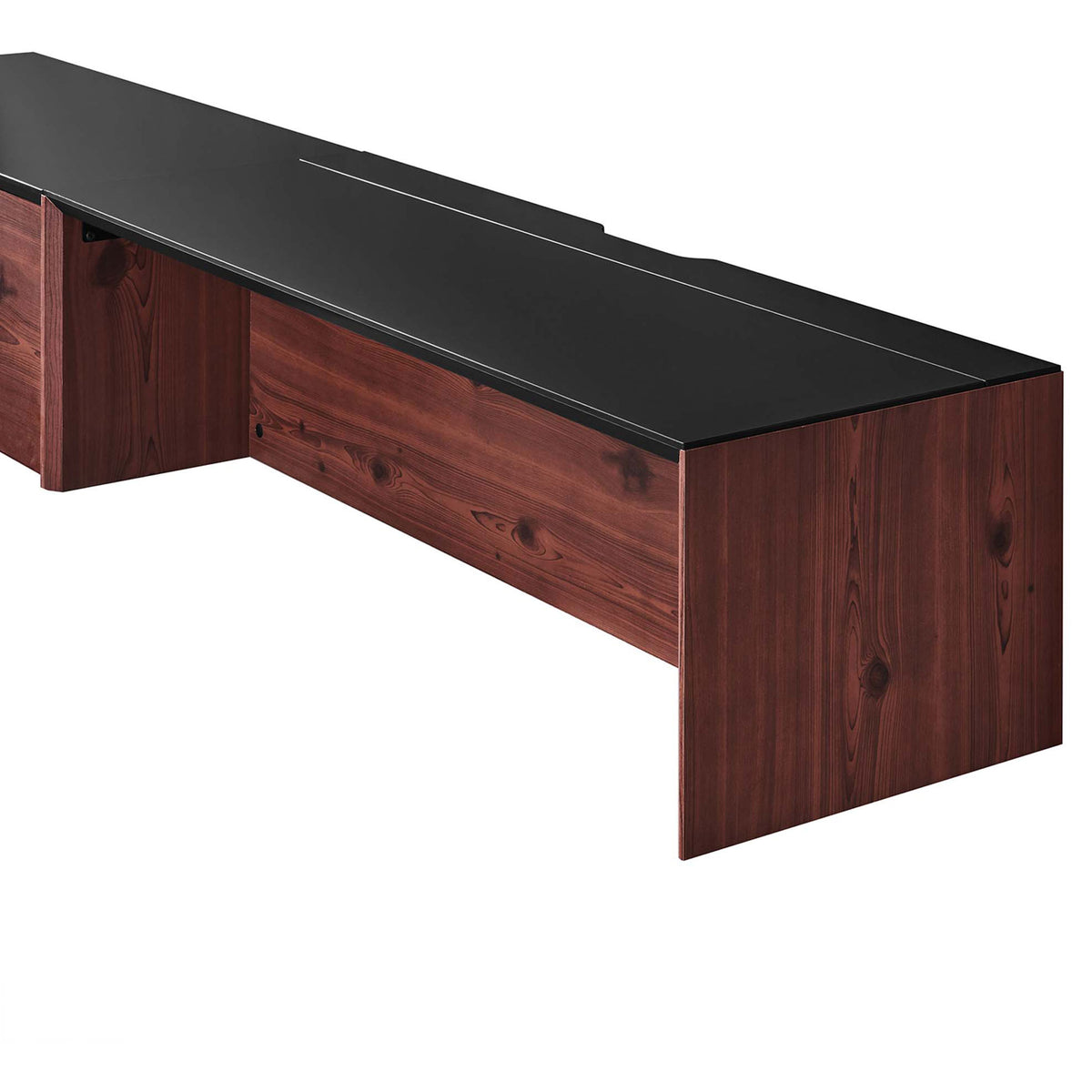 Streamlined black top and wood grain detailing on the longer wall-mounted desk || EEI-6312-BLK-CHE || detail_studio