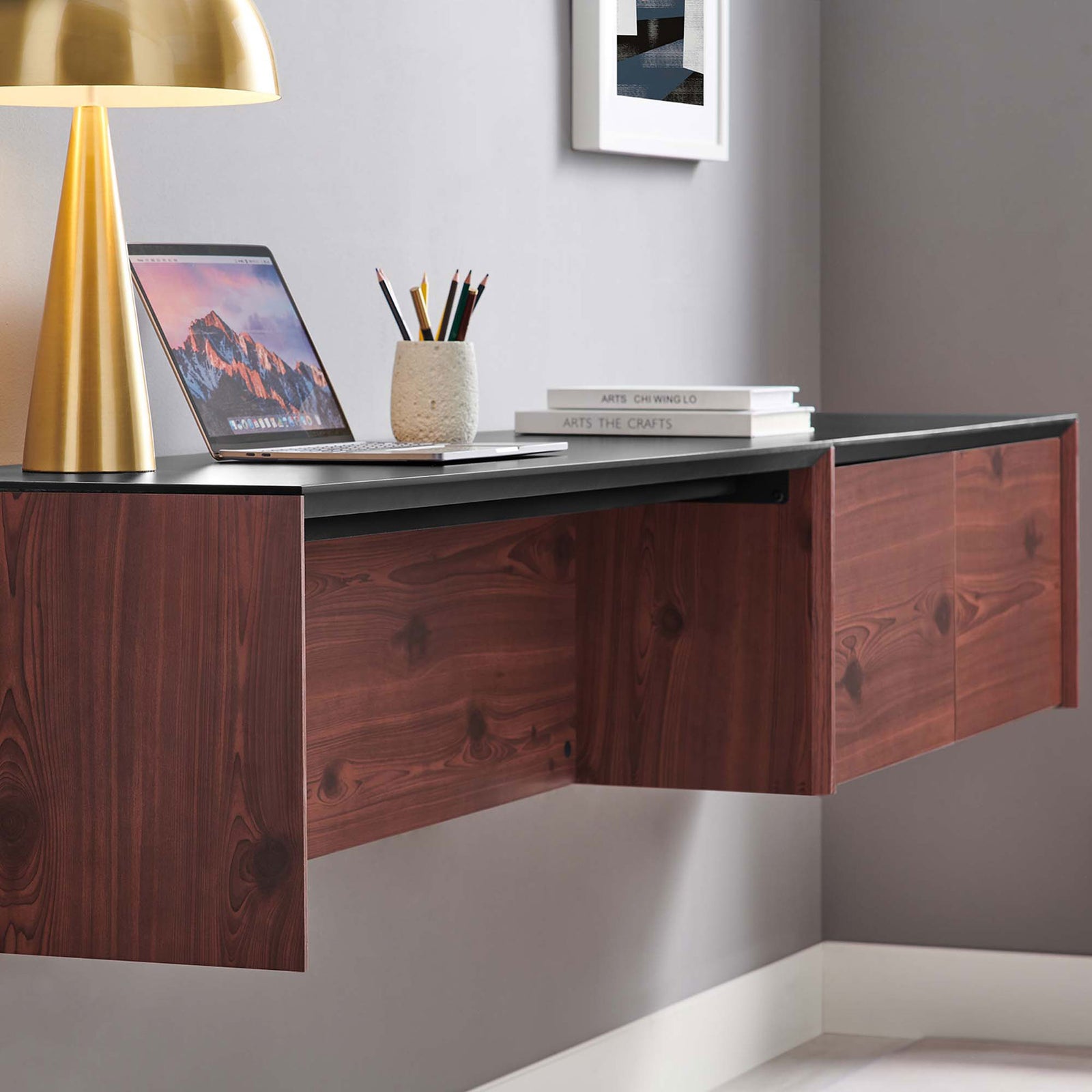 Elevated desk design frees floor space while showcasing its rich wood grain || EEI-6312-BLK-CHE || detail_room
