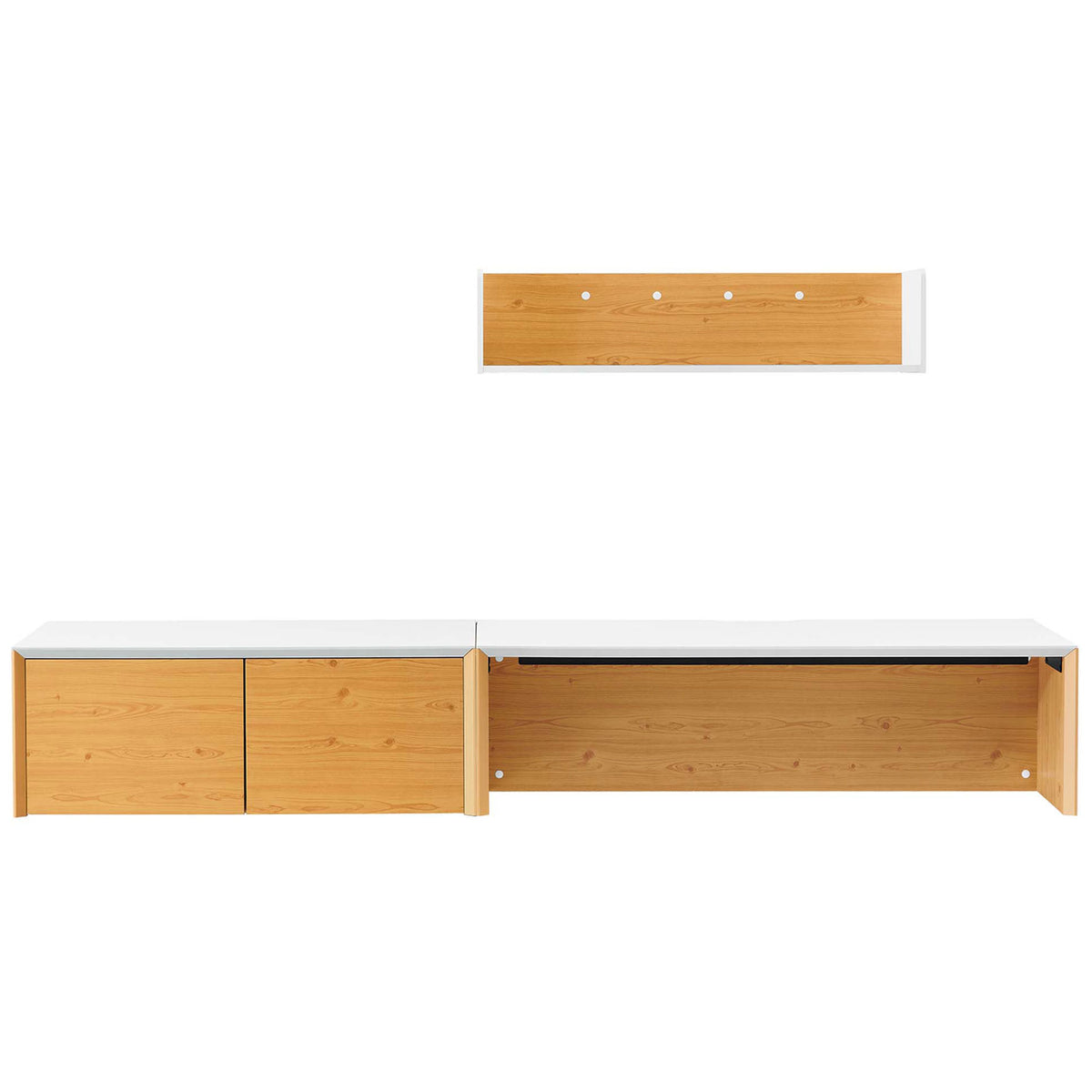 Expanded wall-mounted desk, cabinet, and shelf set in crisp white and natural wood for modern offices || EEI-6312-WHI-NAT || front_studio