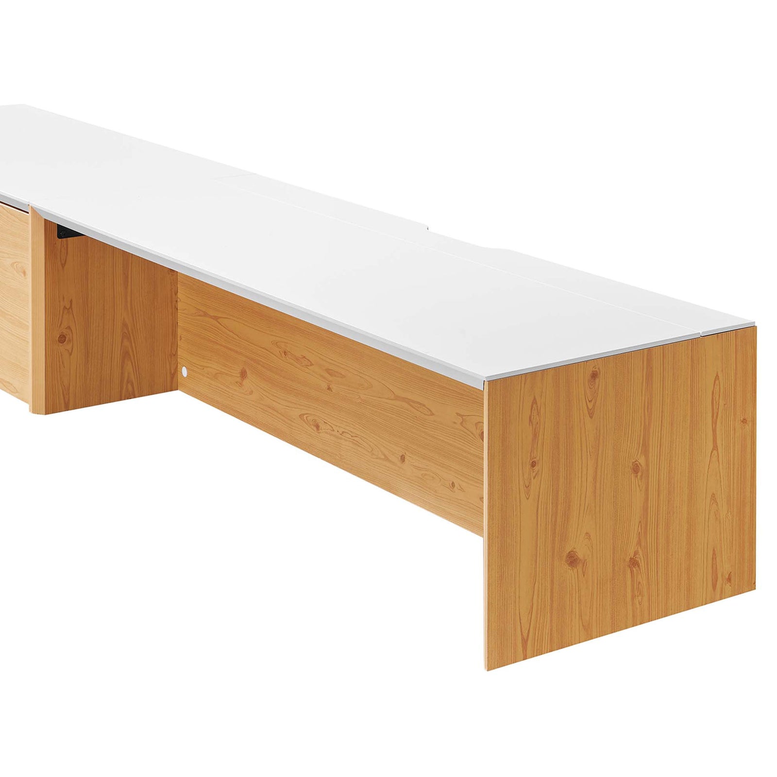 Long white desktop with natural wood panels emphasizes sleek, minimalist lines and easy-clean surface || EEI-6312-WHI-NAT || detail_studio