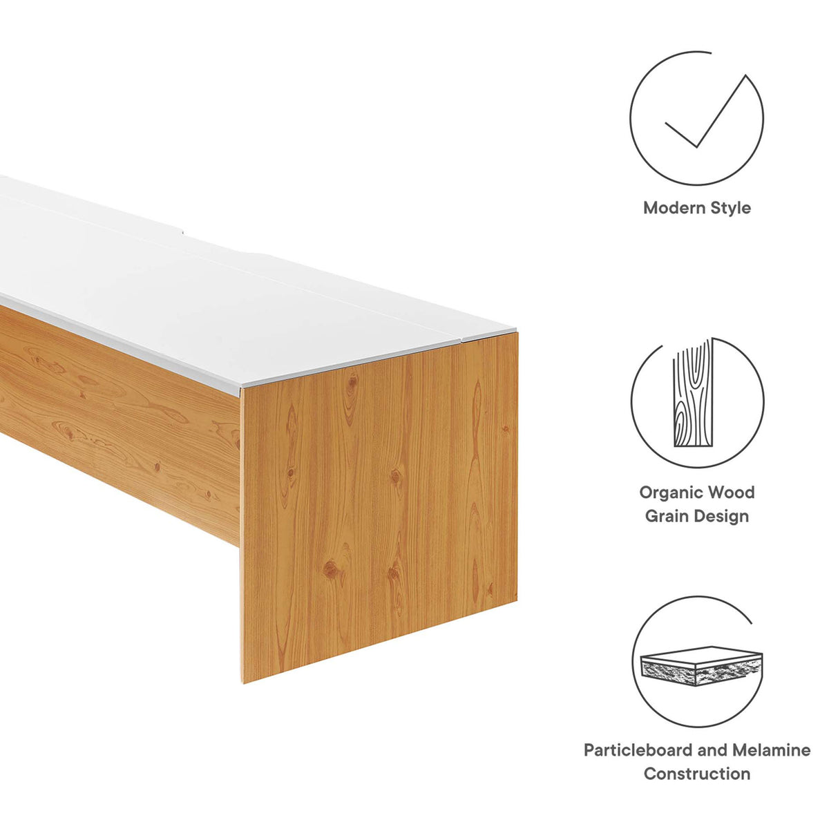 Design highlights include modern style, organic wood grain, and durable particleboard construction || EEI-6312-WHI-NAT || callout_studio