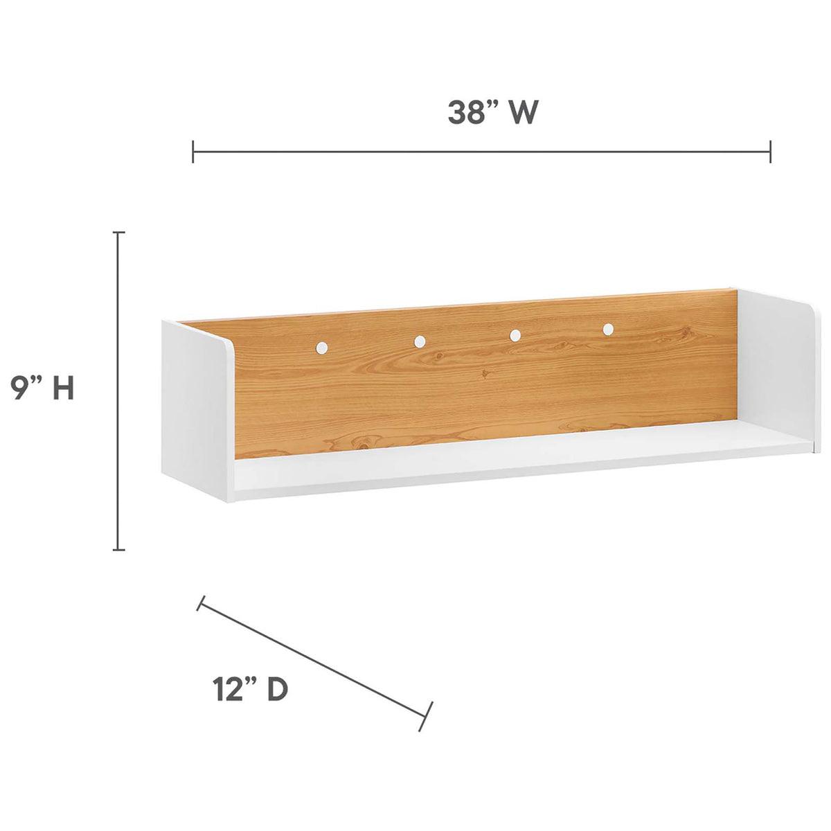 Floating shelf in white and natural finish with round cutouts, shown 38 inches wide || EEI-6312-WHI-NAT || dimension_studio