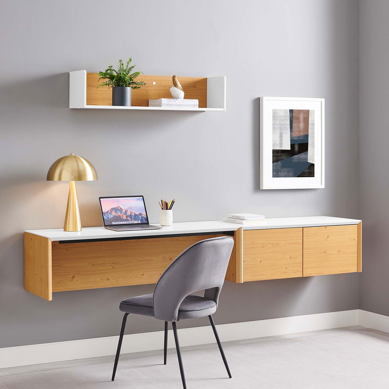 Room scene showcases the full wall-mount workstation with coordinated shelf and cabinet storage || EEI-6312-WHI-NAT || front_angle_room