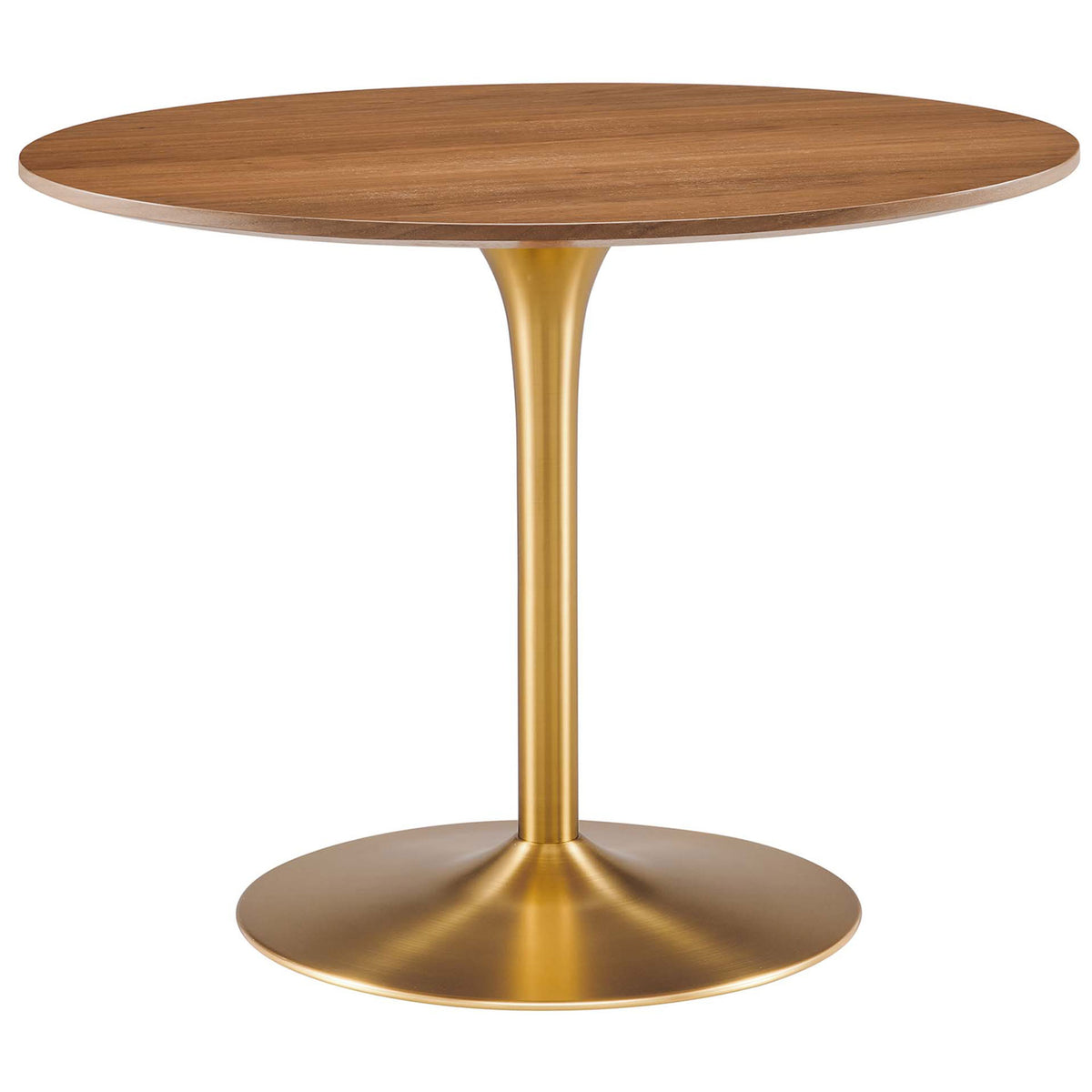 Round walnut dining table with beveled top and sleek gold pedestal base for modern small-space dining || EEI-6313-WAL-GLD || front_studio