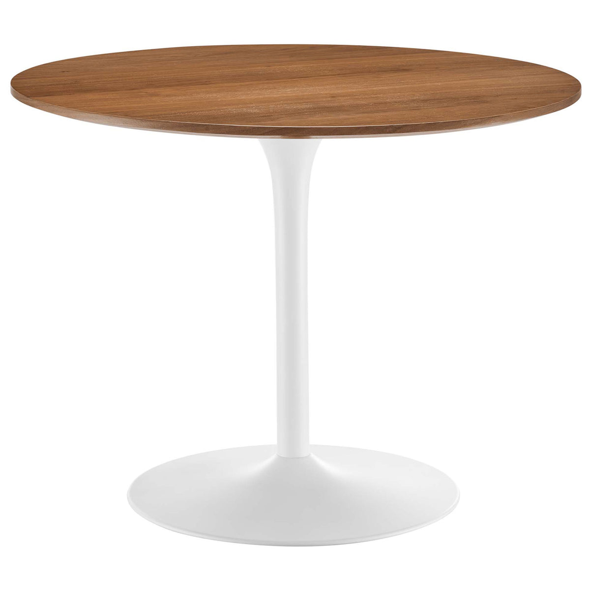 Round walnut dining table with sleek white pedestal base for modern kitchens and dining rooms || EEI-6313-WAL-WHI || front_angle_studio