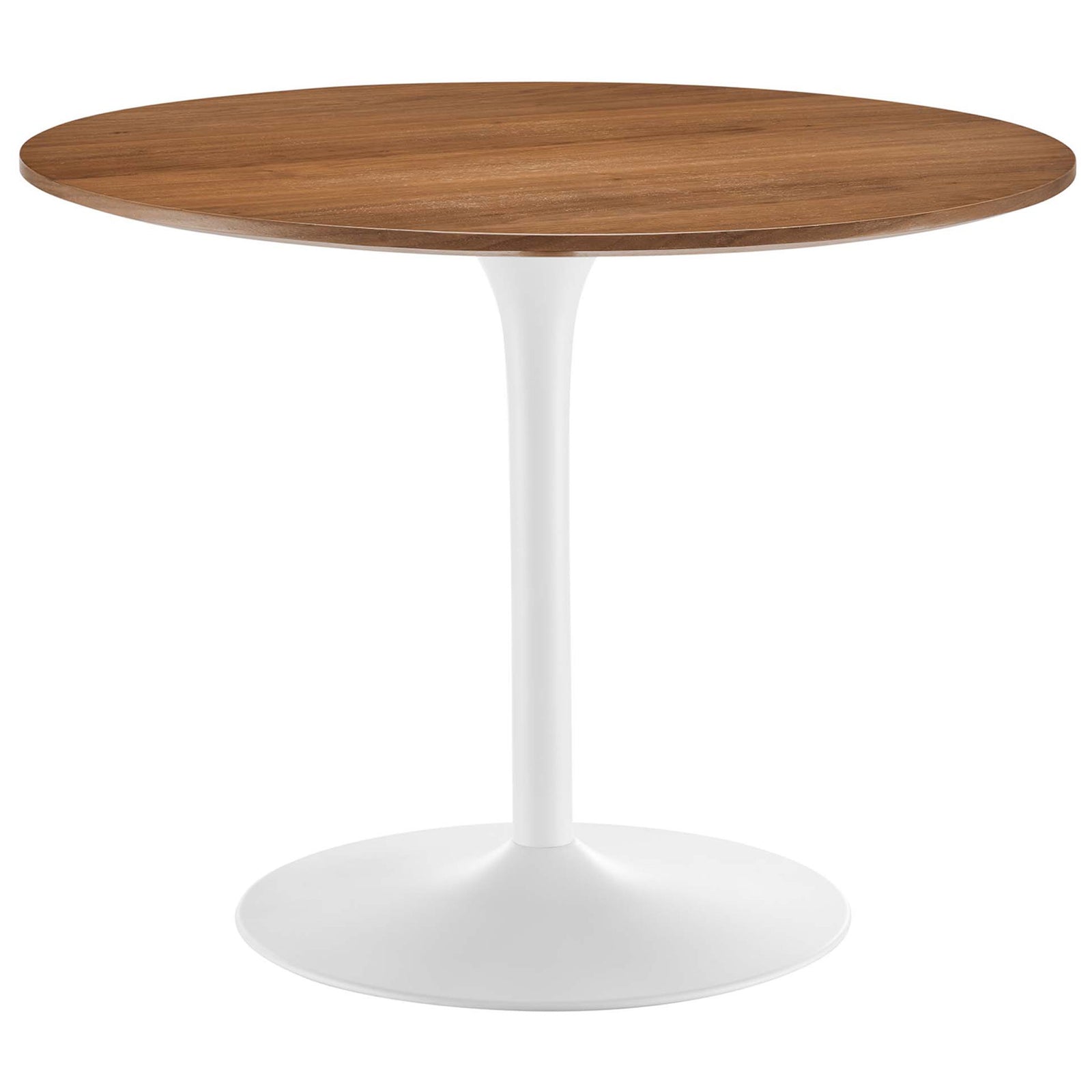 Round walnut dining table with sleek white pedestal base for modern kitchens and dining rooms || EEI-6313-WAL-WHI || front_angle_studio