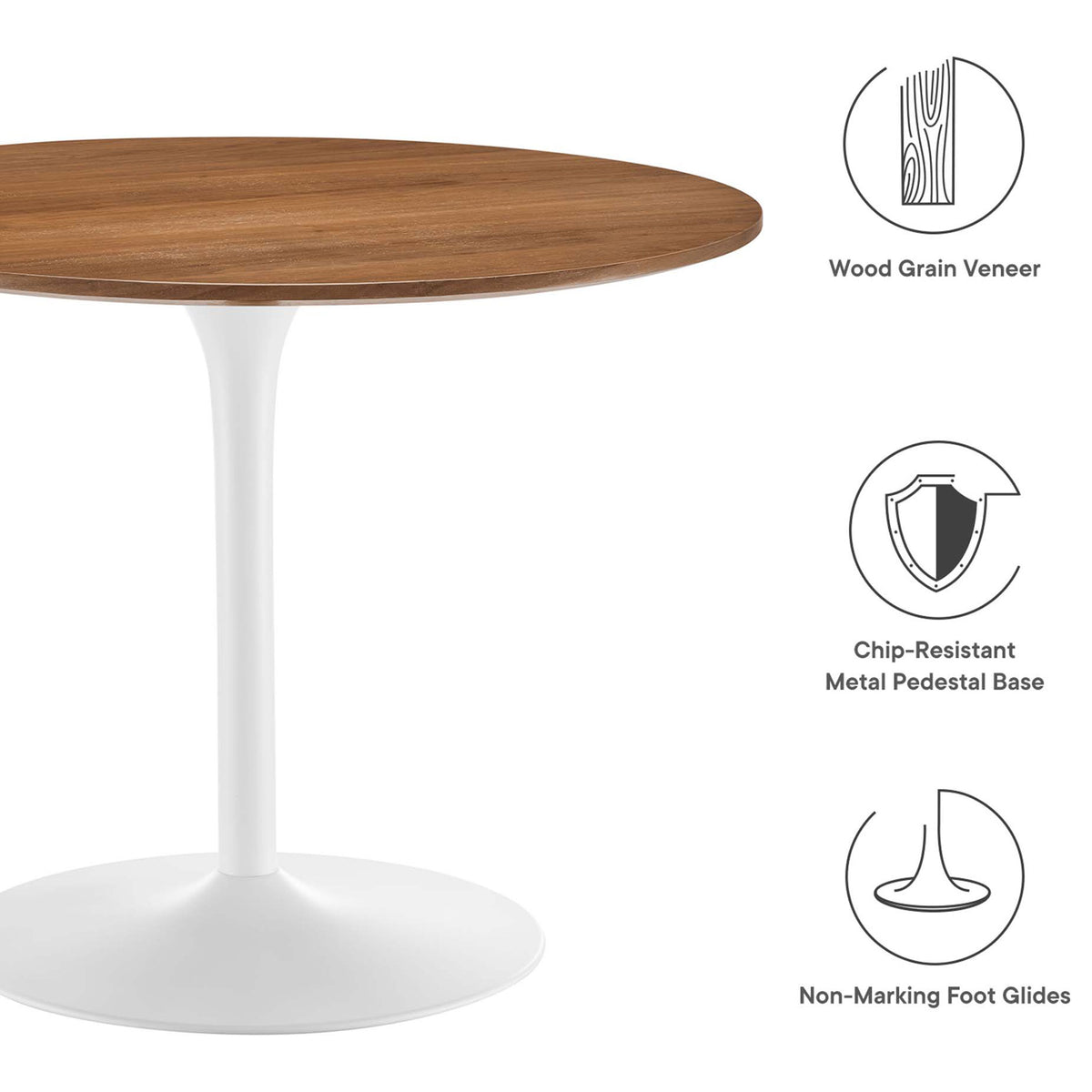 Feature highlights show wood grain veneer top, chip-resistant metal pedestal base, and non-marking foot glides || EEI-6313-WAL-WHI || callout_studio