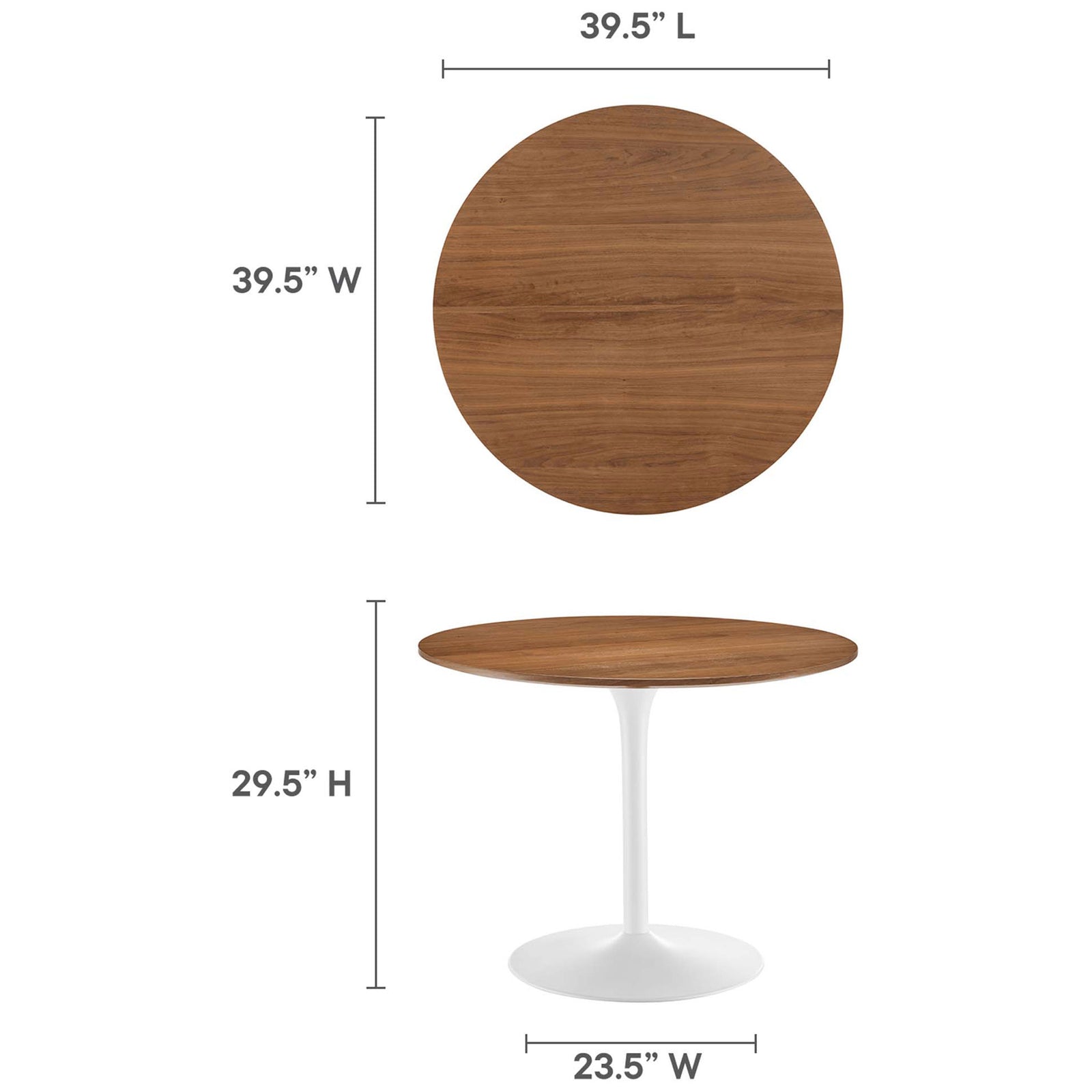 Dimension diagram of the round Pursuit dining table showing overall height, width, and base measurements || EEI-6313-WAL-WHI || dimension_studio