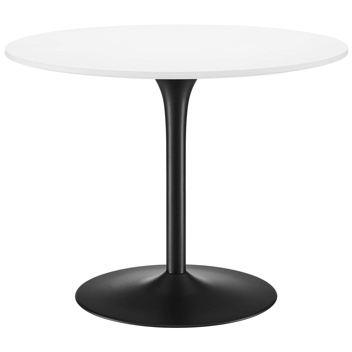 Round white pedestal dining table with sleek black base for modern kitchen or dining rooms || EEI-6313-WHI-BLK || front_angle_studio