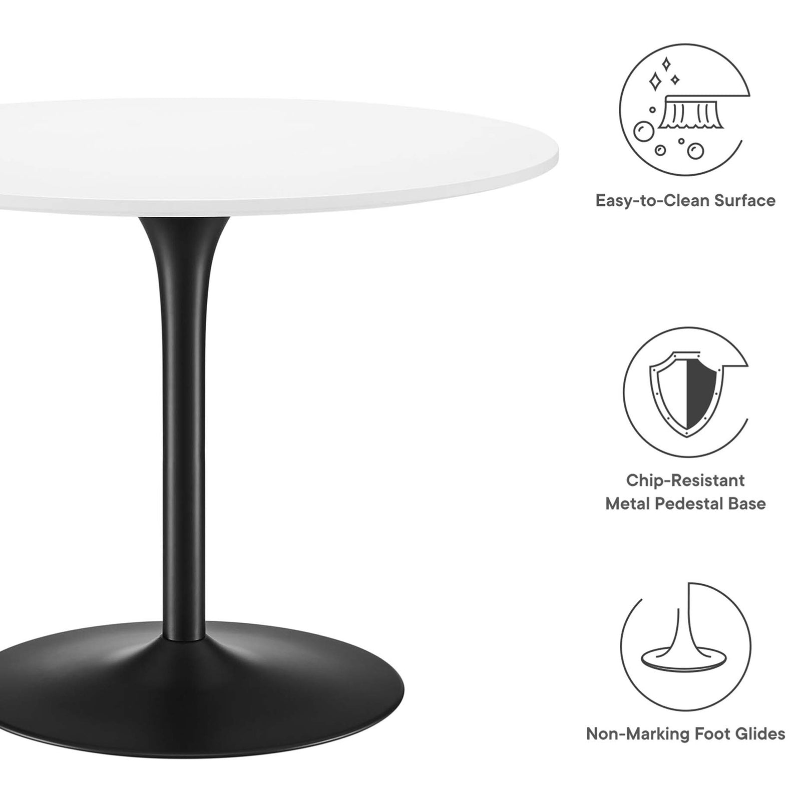 Dining table showcasing easy clean surface, chip resistant pedestal base, and non marking foot glides || EEI-6313-WHI-BLK || callout_studio