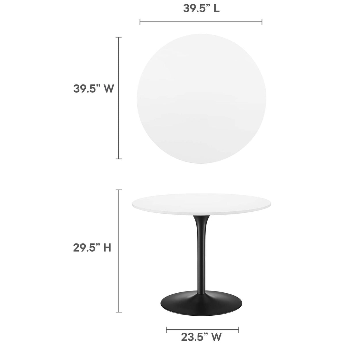 Size guide for round dining table with 39.5 inch top and 29.5 inch high pedestal base || EEI-6313-WHI-BLK || dimension_studio