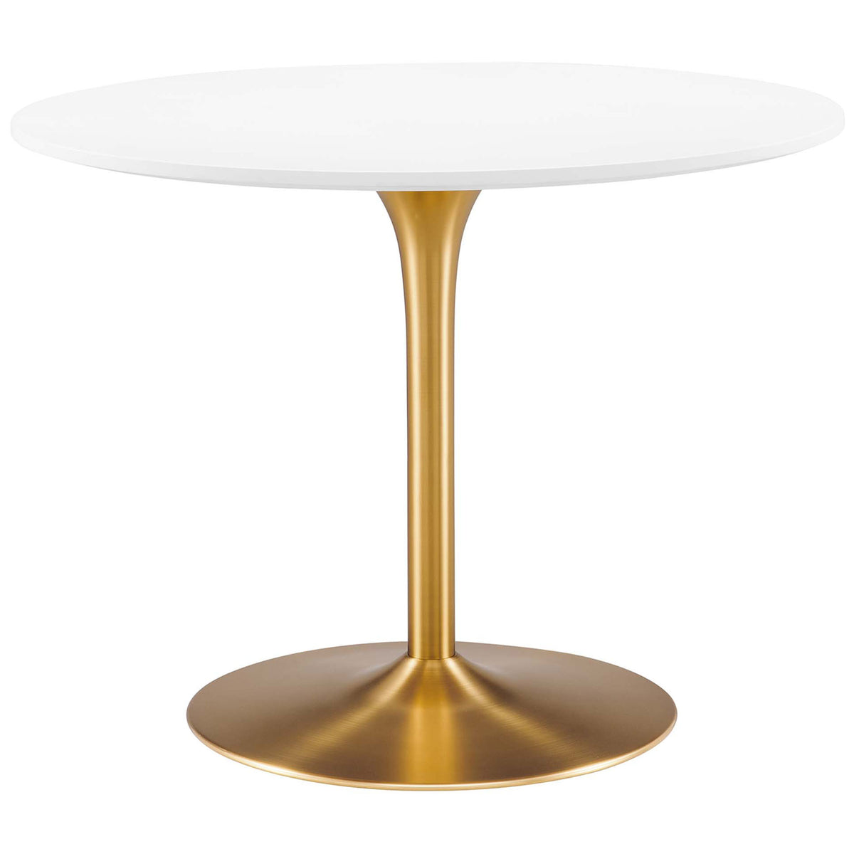 Sleek white round dining table with a shimmering gold pedestal base for modern entertaining || EEI-6313-WHI-GLD || front_studio