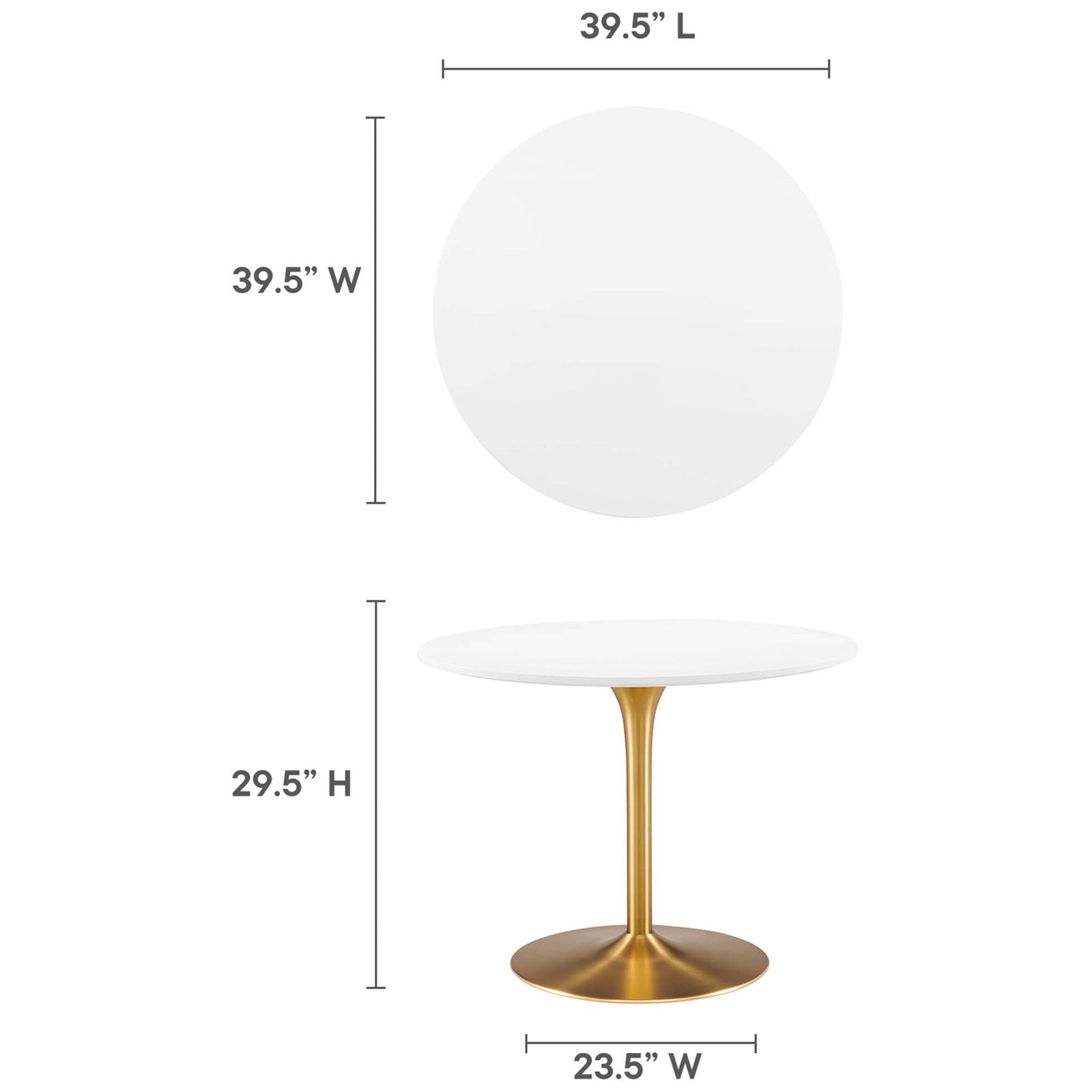Dimension graphic shows the round tabletop size and dining height for comfortable seating || EEI-6313-WHI-GLD || dimension_studio