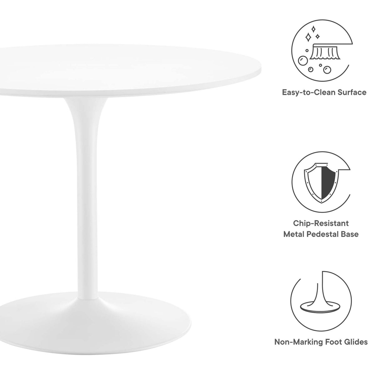 White round pedestal dining table with graphic icons highlighting easy cleaning and floor protection features || EEI-6313-WHI-WHI || callout_studio