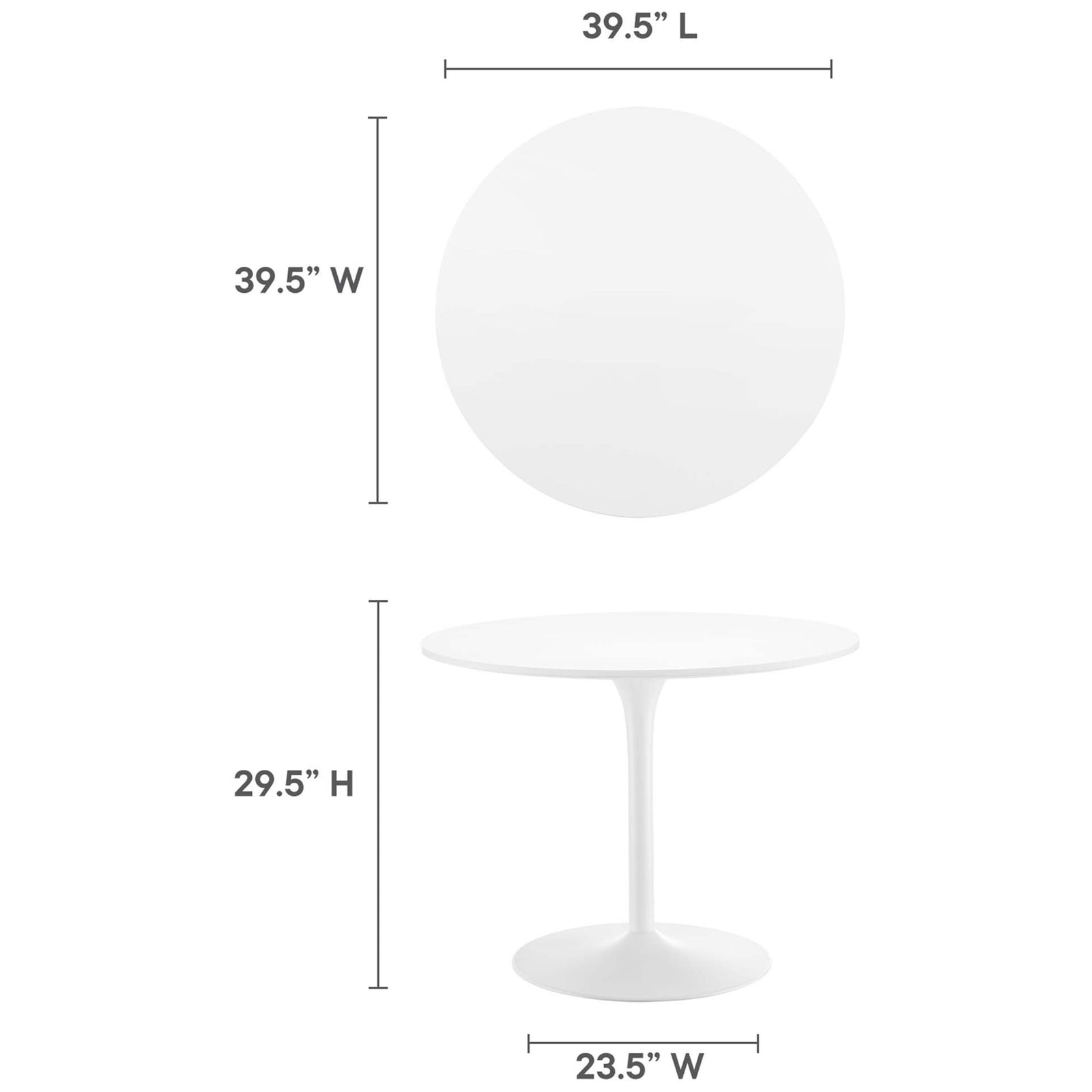 White round pedestal dining table shown with labeled measurements for height, width, and length || EEI-6313-WHI-WHI || dimension_studio
