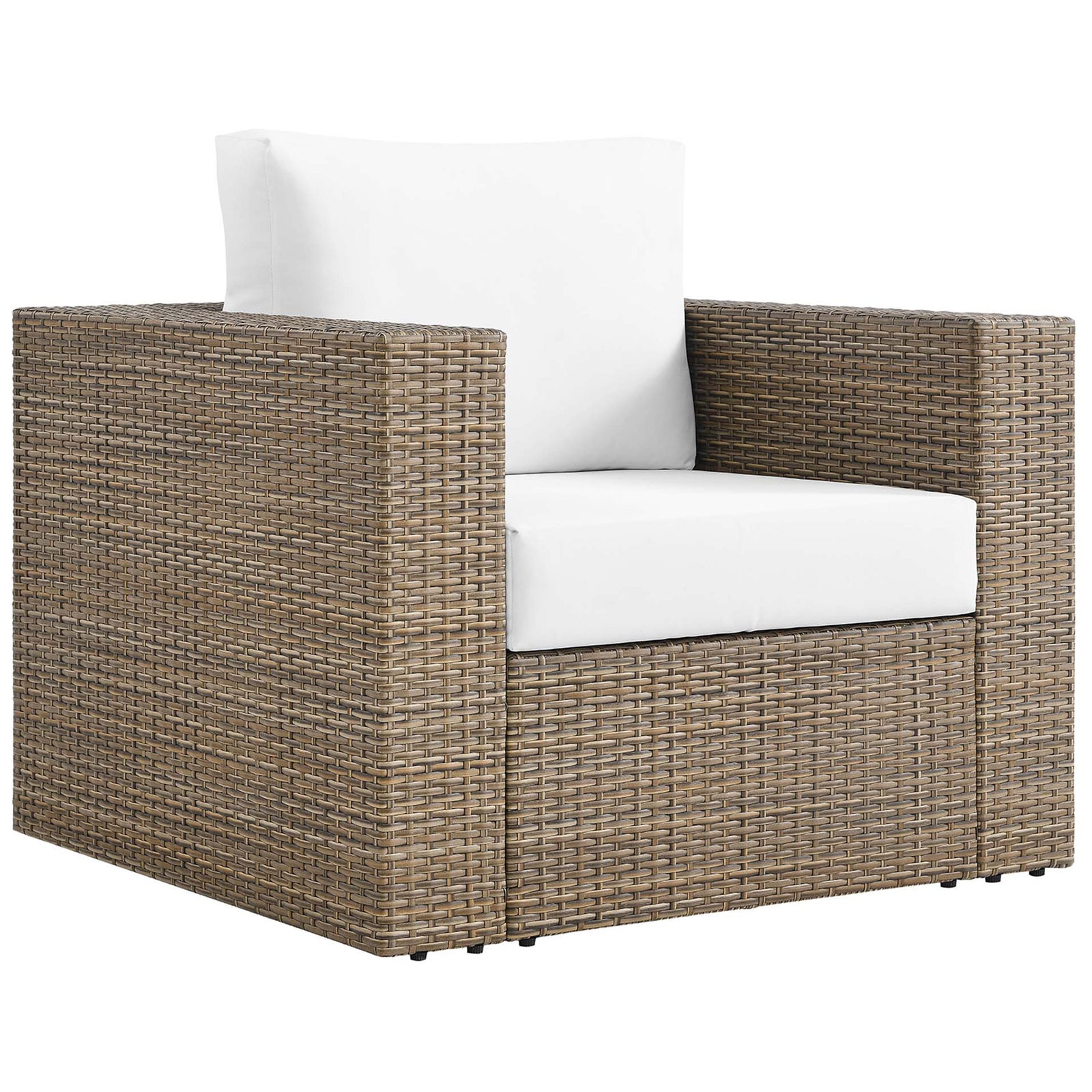 Cappuccino wicker outdoor armchair with crisp white cushions and a clean boxy silhouette || EEI-6326-CAP-WHI || front_angle_studio