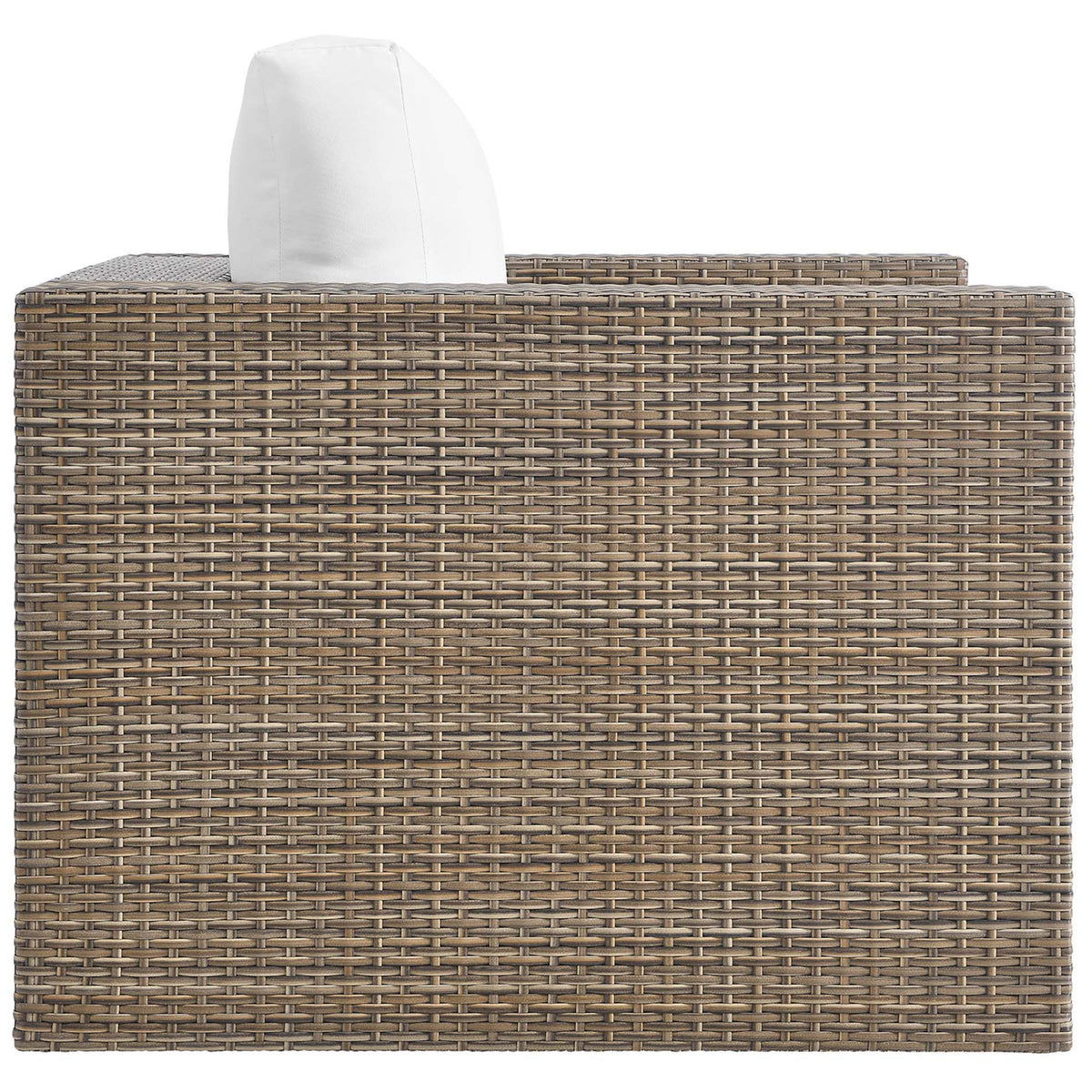 Cappuccino woven patio armchair with wide track arms and a deep white cushioned seat || EEI-6326-CAP-WHI || side_studio