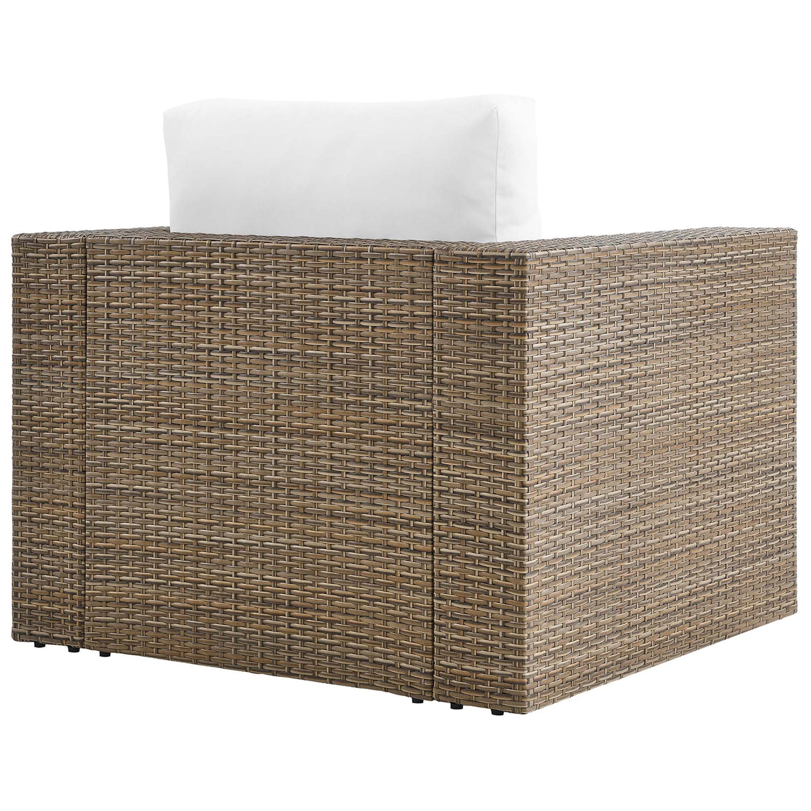 Cappuccino rattan outdoor armchair with fully woven back and smooth modern lines || EEI-6326-CAP-WHI || back_angle_studio