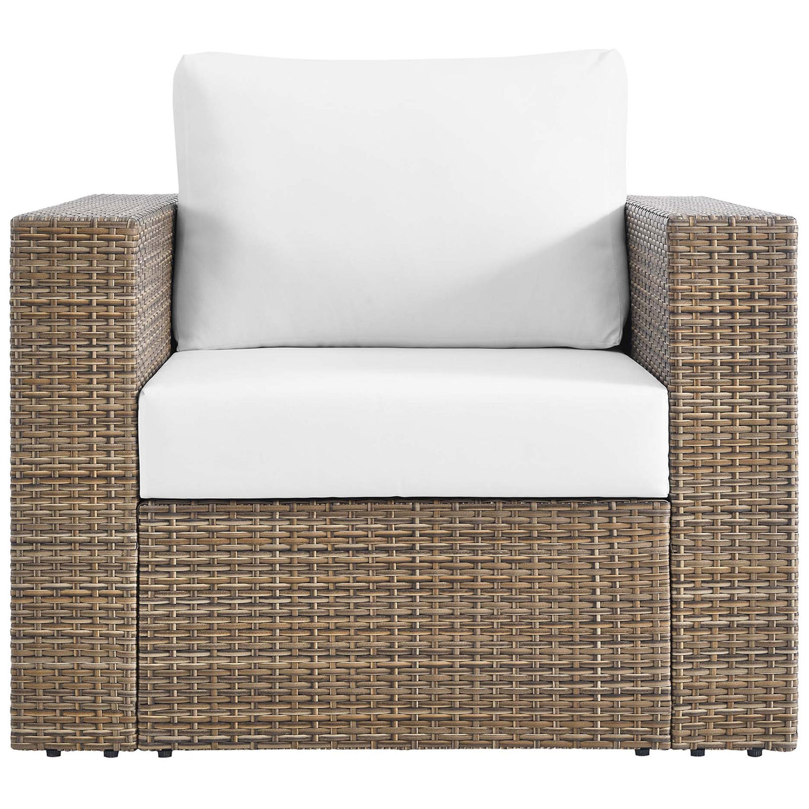 Cappuccino wicker patio armchair featuring thick white seat and back cushions for comfort || EEI-6326-CAP-WHI || front_studio