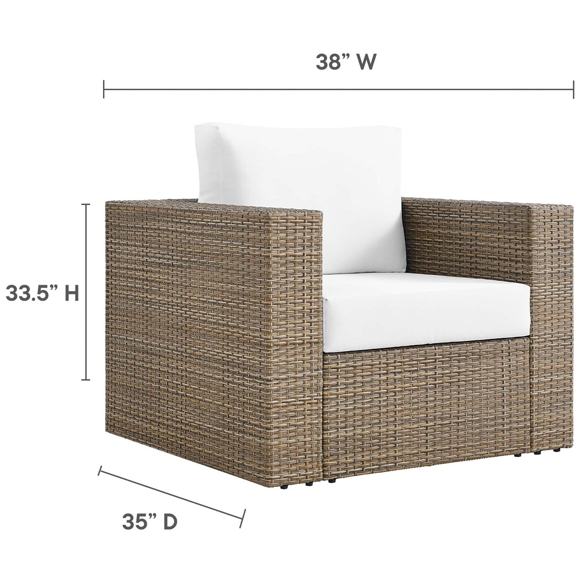 Outdoor armchair with white cushions and cappuccino wicker frame shown with labeled width, depth, and height || EEI-6326-CAP-WHI || dimension_studio
