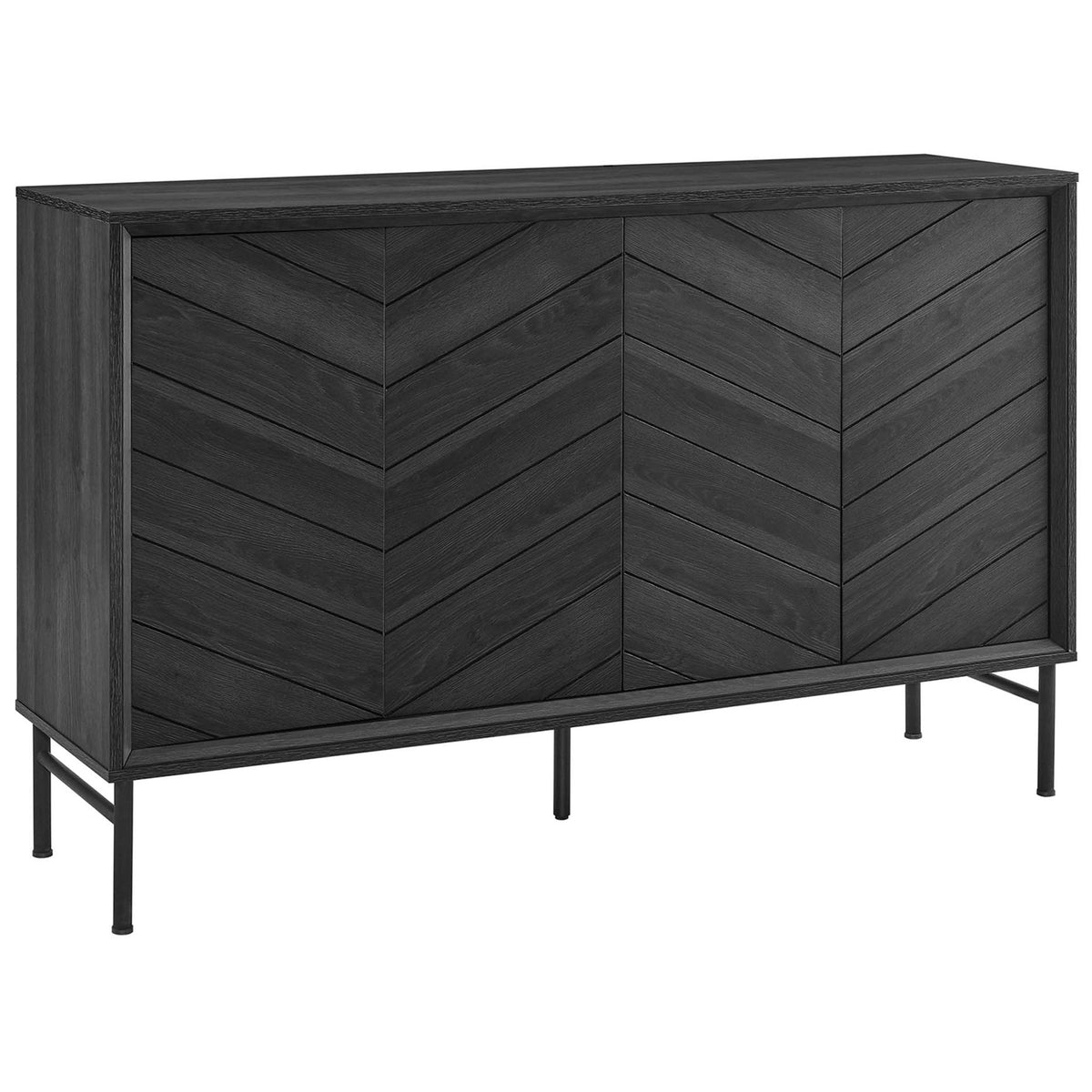 Black chevron-front sideboard with slim metal base and clean modern silhouette || EEI-6336-BLK || front_angle_studio