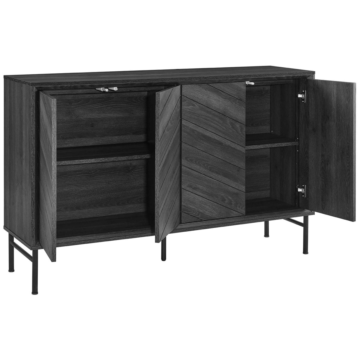 Sideboard with chevron doors open to reveal spacious shelving ready for dining or living room storage || EEI-6336-BLK || front_angle_open_studio