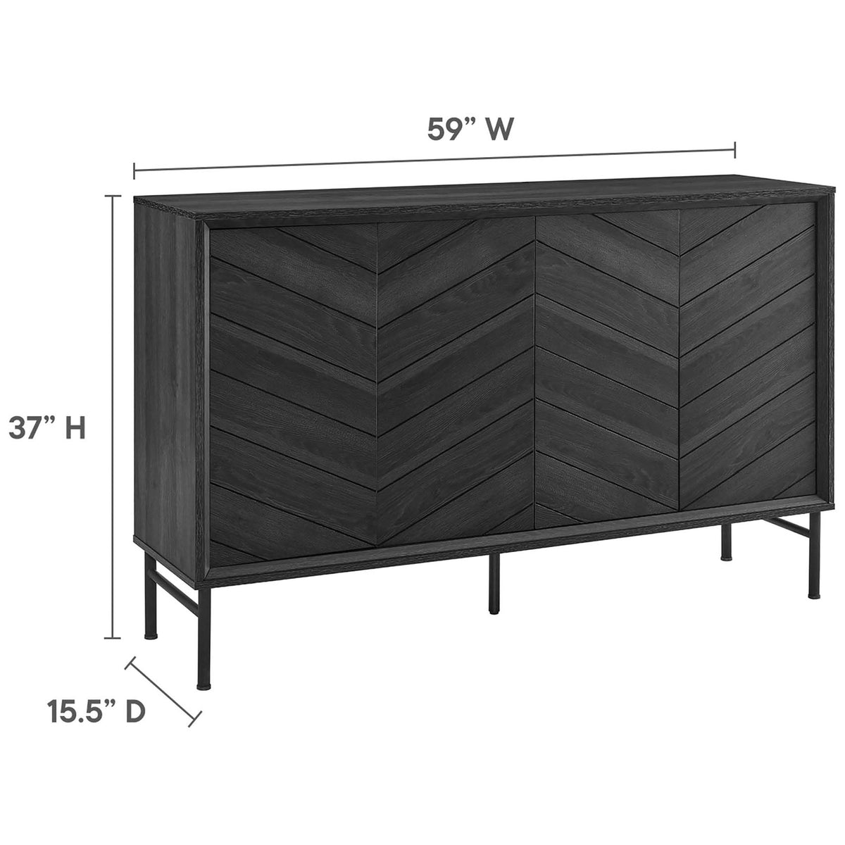 Black chevron sideboard with overlay graphics showing 59 inch width, 15.5 inch depth, and 37 inch height || EEI-6336-BLK || dimension_studio