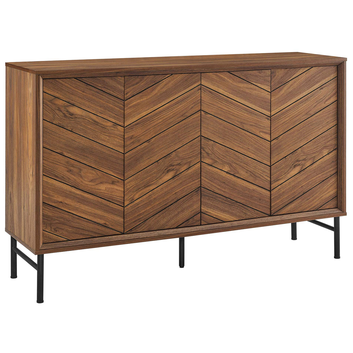 Walnut chevron sideboard with sleek black metal base and flush push-to-close doors. || EEI-6336-WAL || front_angle_studio