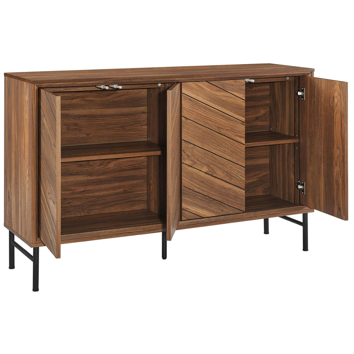 Sideboard with both chevron doors open, revealing spacious adjustable shelves for storage. || EEI-6336-WAL || front_angle_open_studio