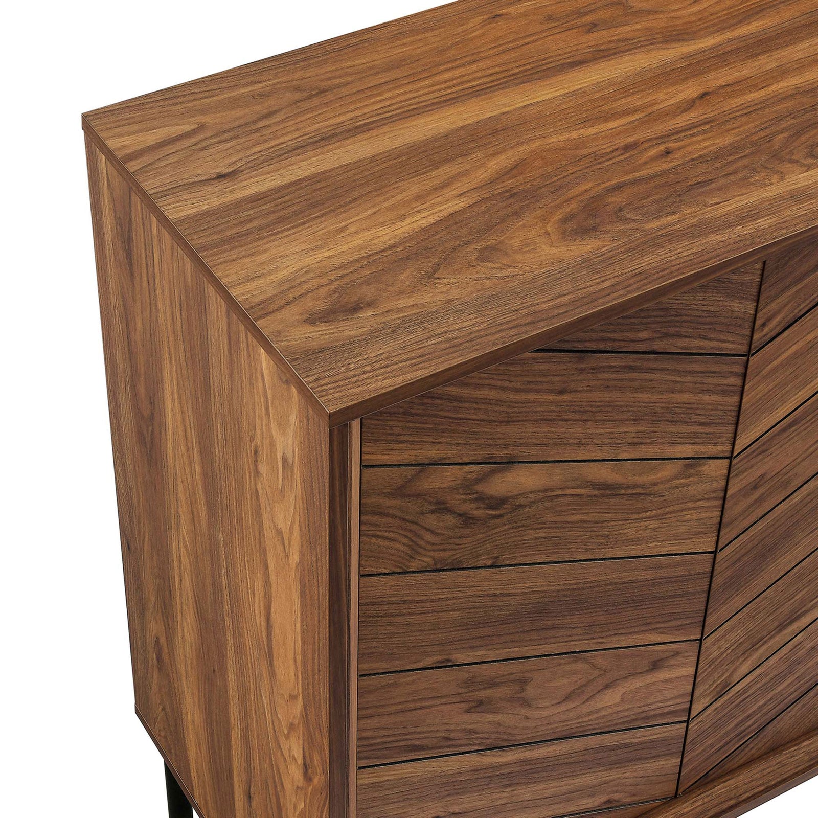 Detail of the rich walnut wood grain and chevron pattern wrapping the top and cabinet front. || EEI-6336-WAL || swatch_studio