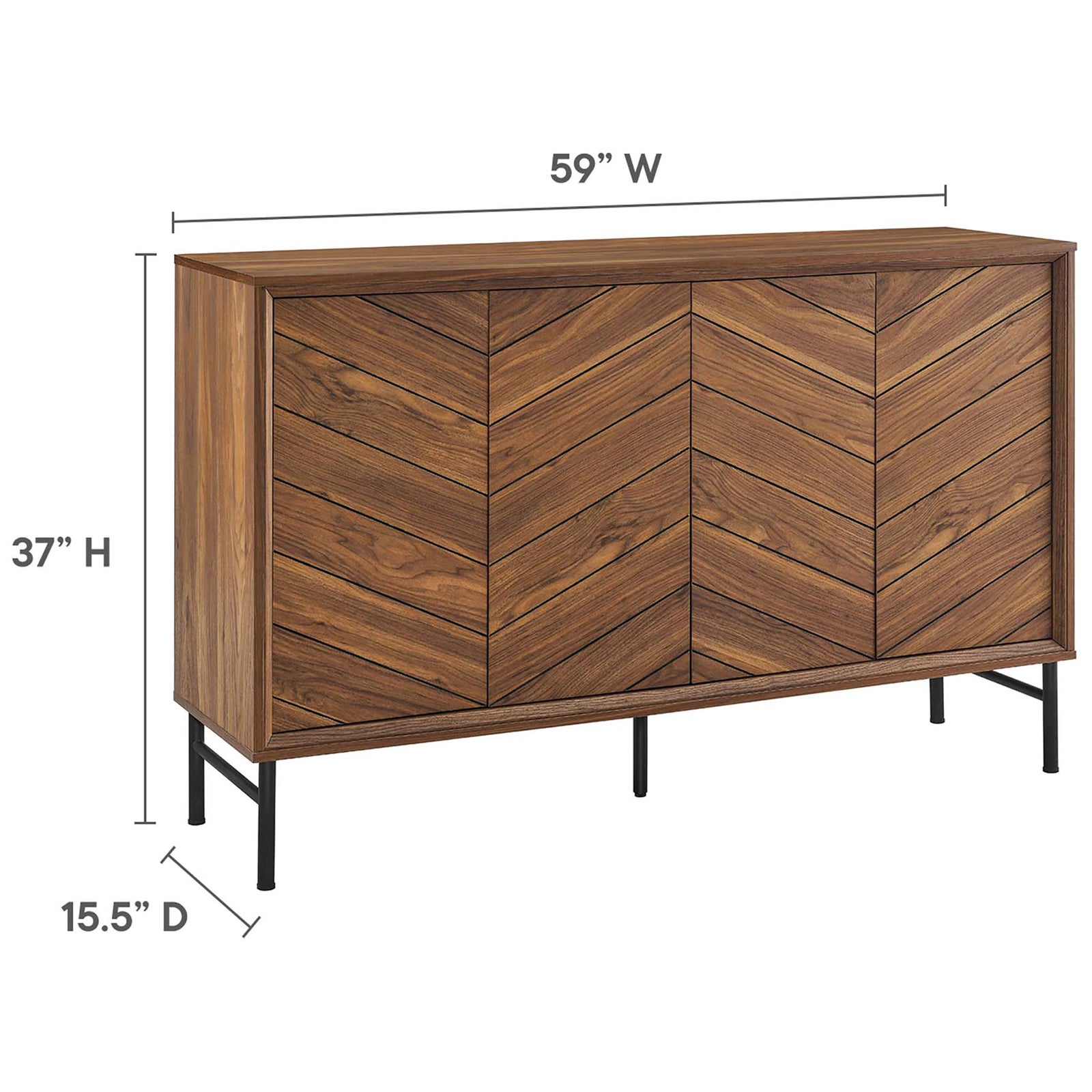 Dimensions of the Harper Chevron sideboard showing overall width, height, and depth measurements. || EEI-6336-WAL || dimension_studio