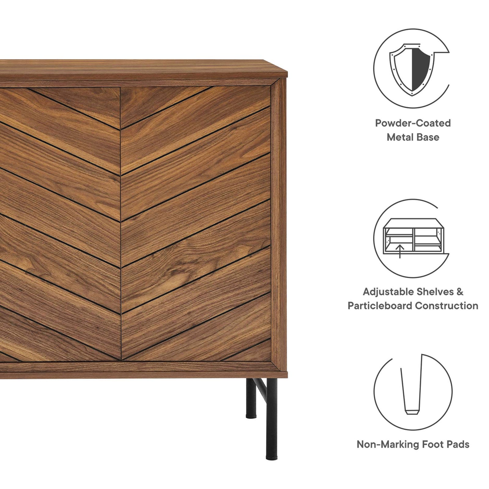 Feature graphic highlighting the powder-coated base, adjustable shelves, and non-marking foot pads. || EEI-6336-WAL || callout_studio