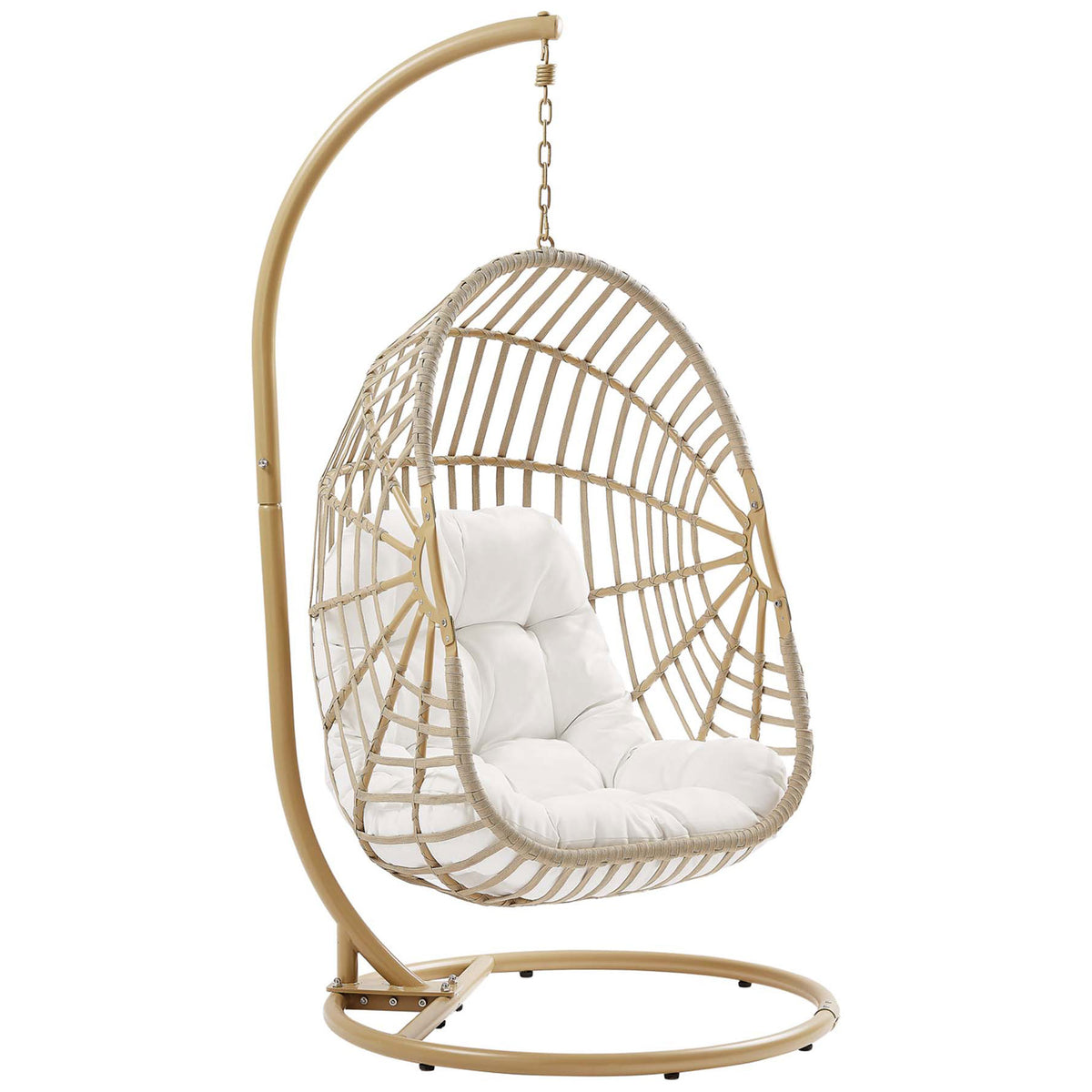 Spacious egg-shaped wicker swing chair with plush white cushion on a curved freestanding stand || EEI-6337-NAT-WHI || front_angle_studio