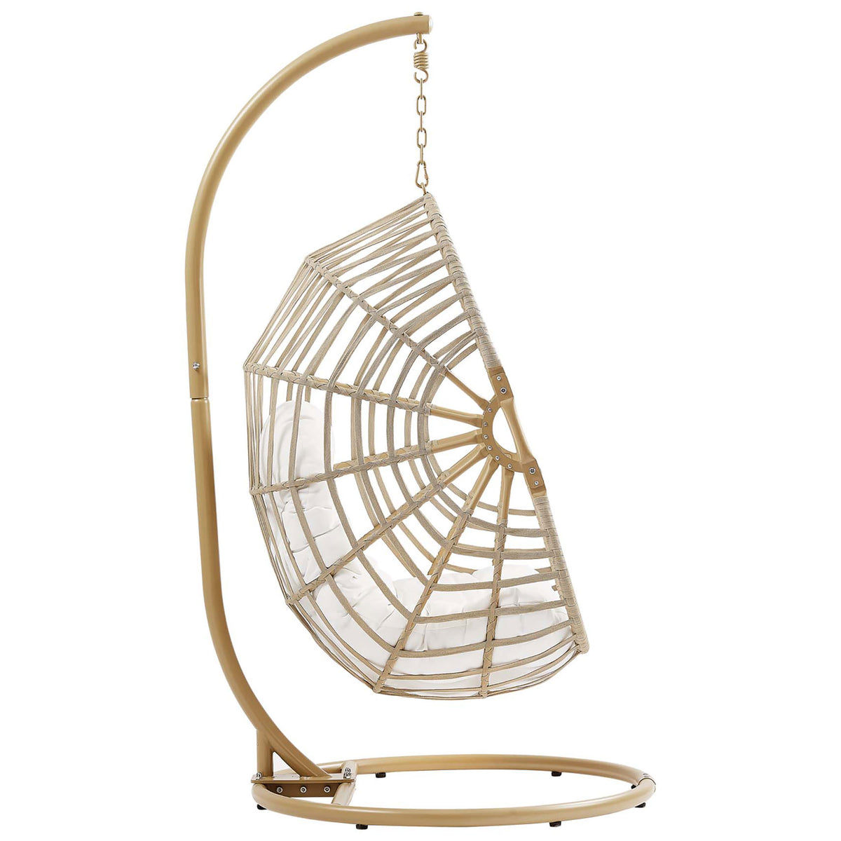 Rattan swing chair with airy lattice frame and sturdy hanging chain attached to the metal stand || EEI-6337-NAT-WHI || side_studio